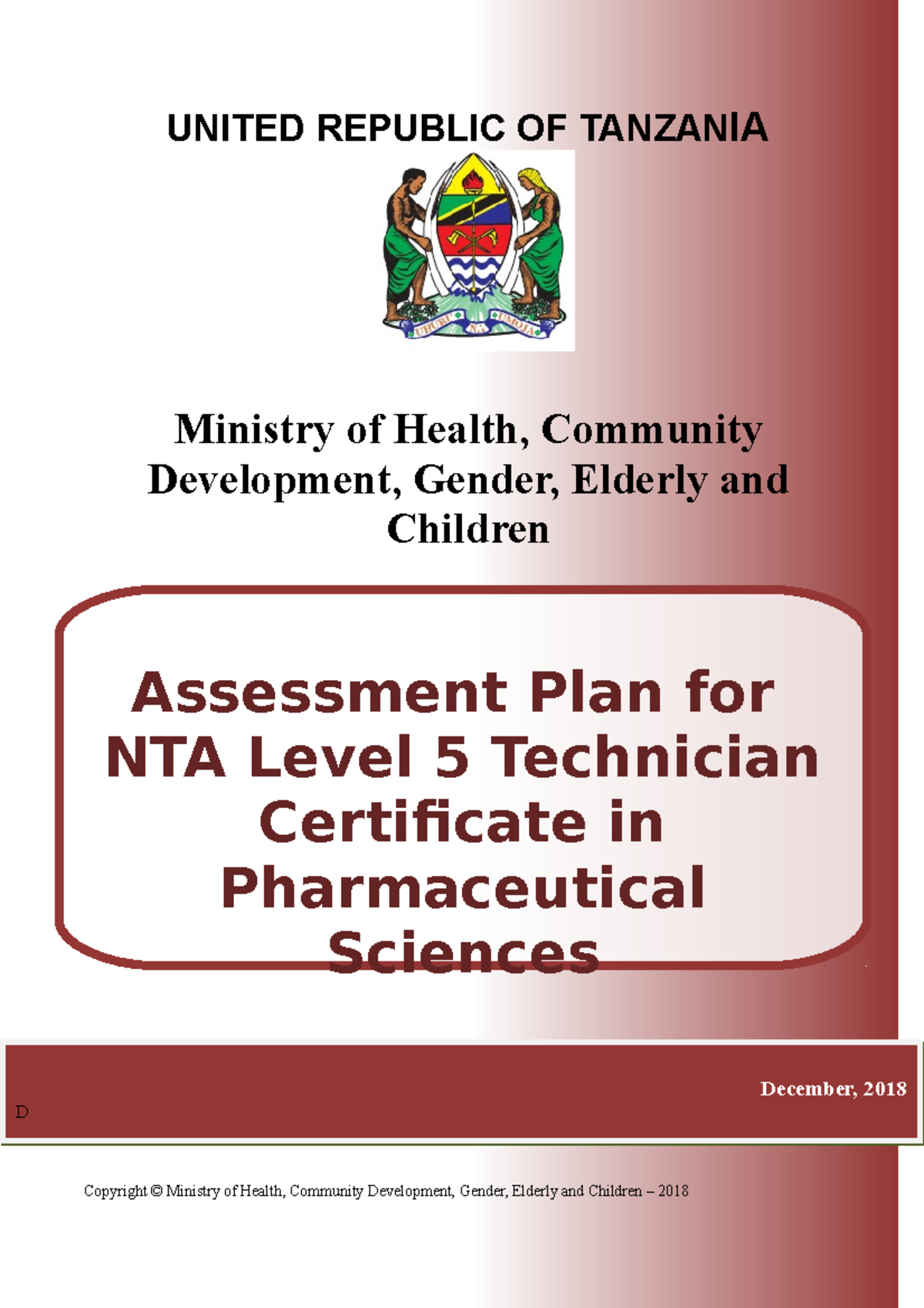 PST Assessment Plan NTA Level 5 - January 2020 - UNITED REPUBLIC OF ...