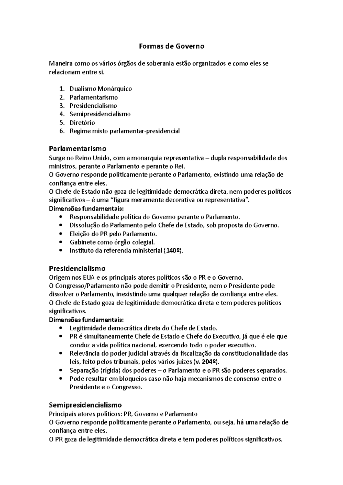 Formas de Governo - Direito Constitucional II - UC - Studocu