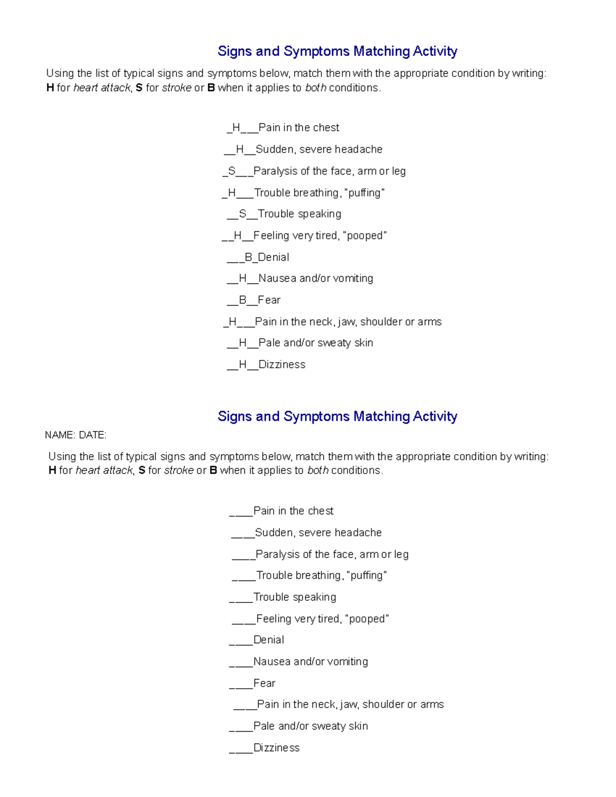 ACT Signs and Symptoms Signs and Symptoms Matching Activity Using the