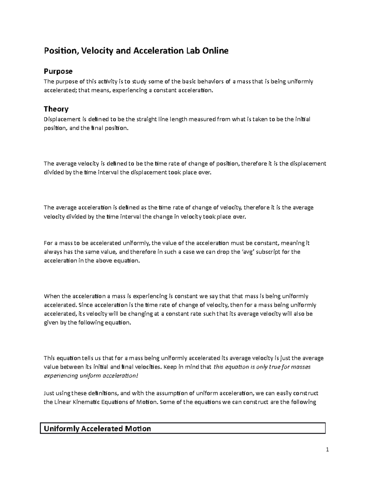 Position Velocity And Acceleration Lab Online - Studocu