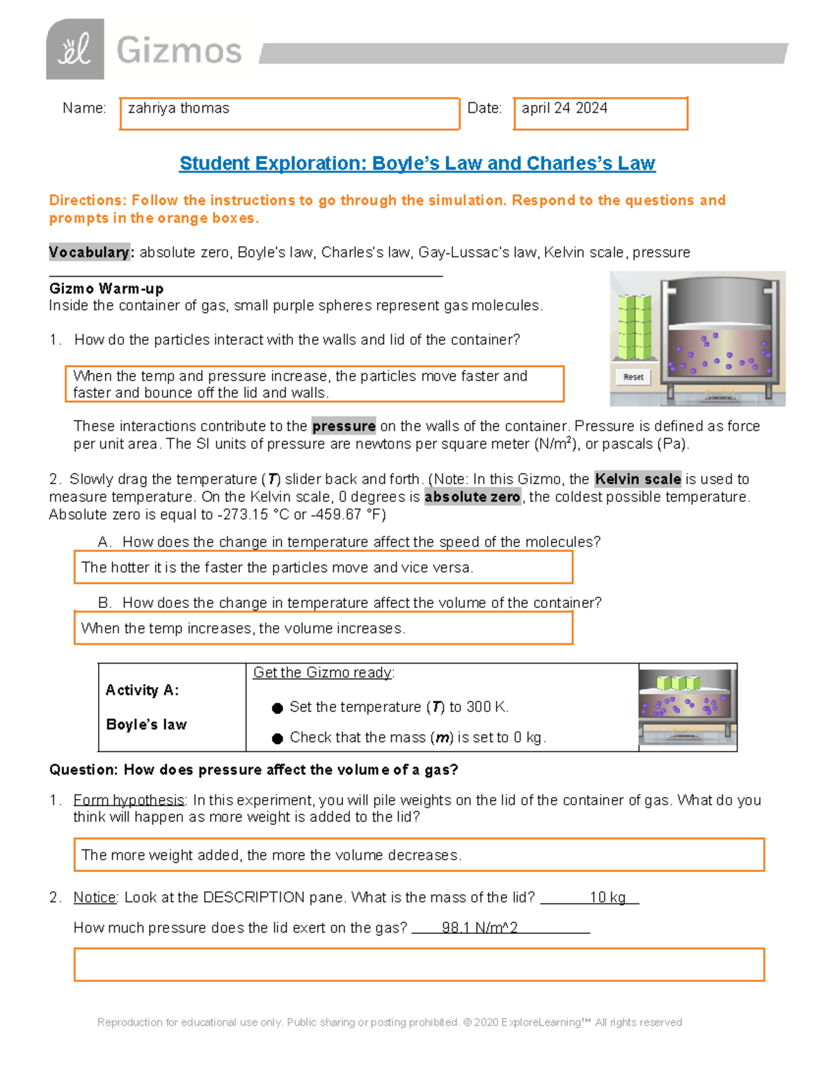 All Gas Laws Gizmo Name zahriya thomas Date april 24 2024 Student