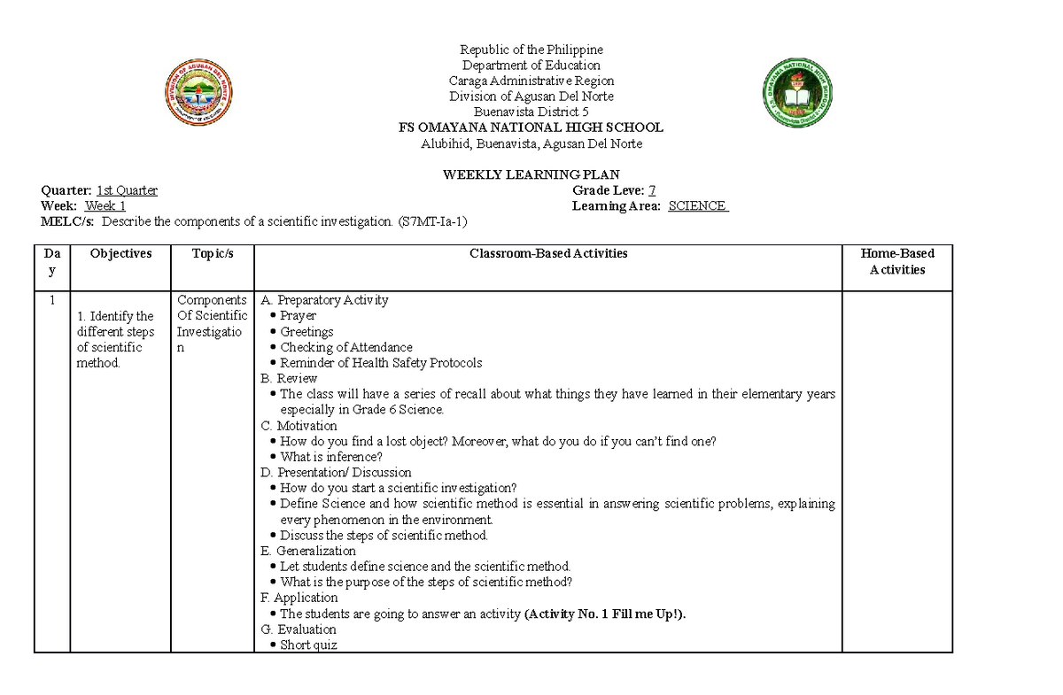 Wlp Q1 Week 1 Weekly Learning Plan For Grade 7 Science Teachers Republic Of The Philippine 5048