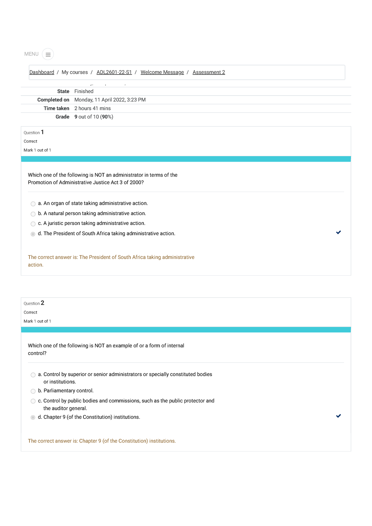 Assessment 2 ADL2601 - Started on Monday, 11 April 2022, 12:41 PM State ...