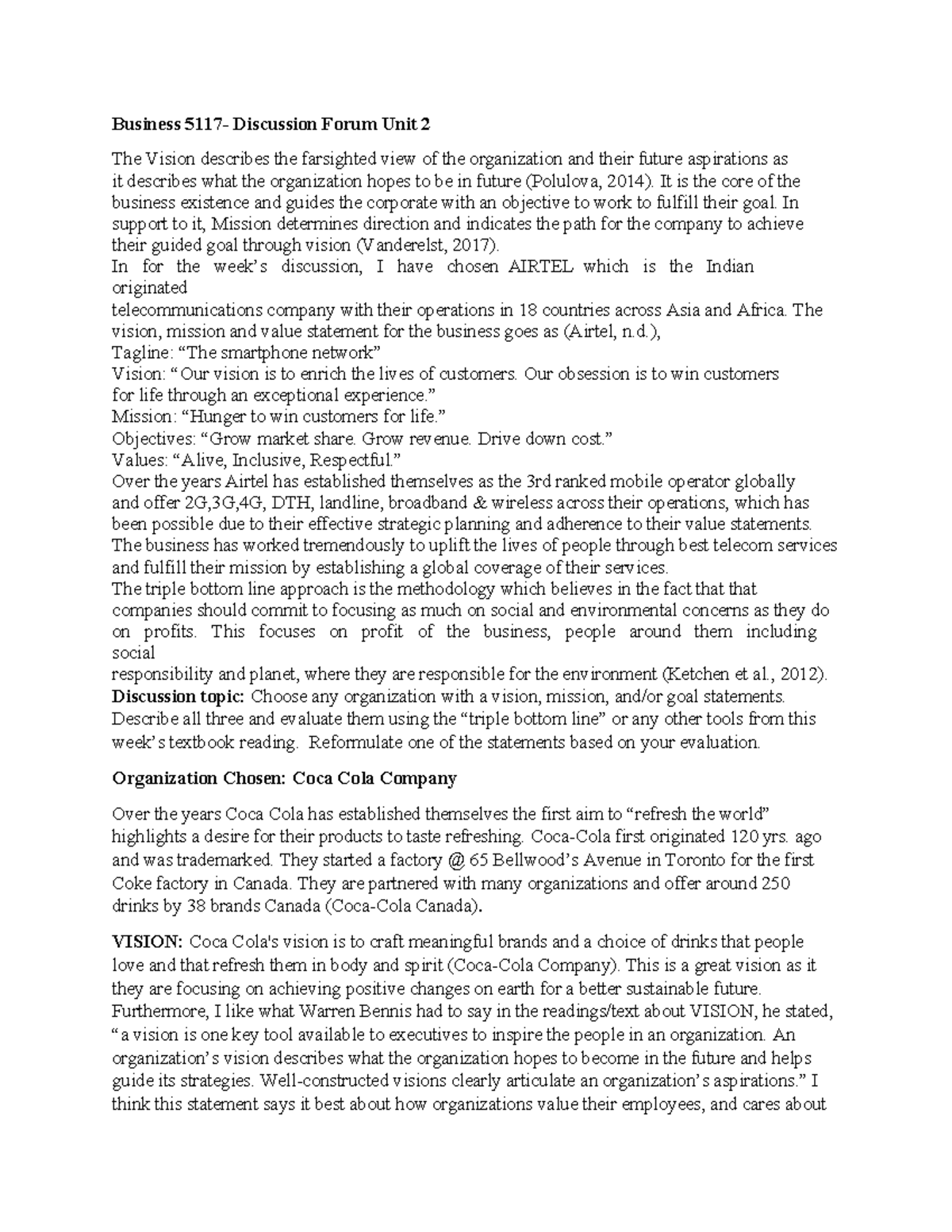 Bus 5117 Discussion Unit 2 - Business 5117- Discussion Forum Unit 2 The ...