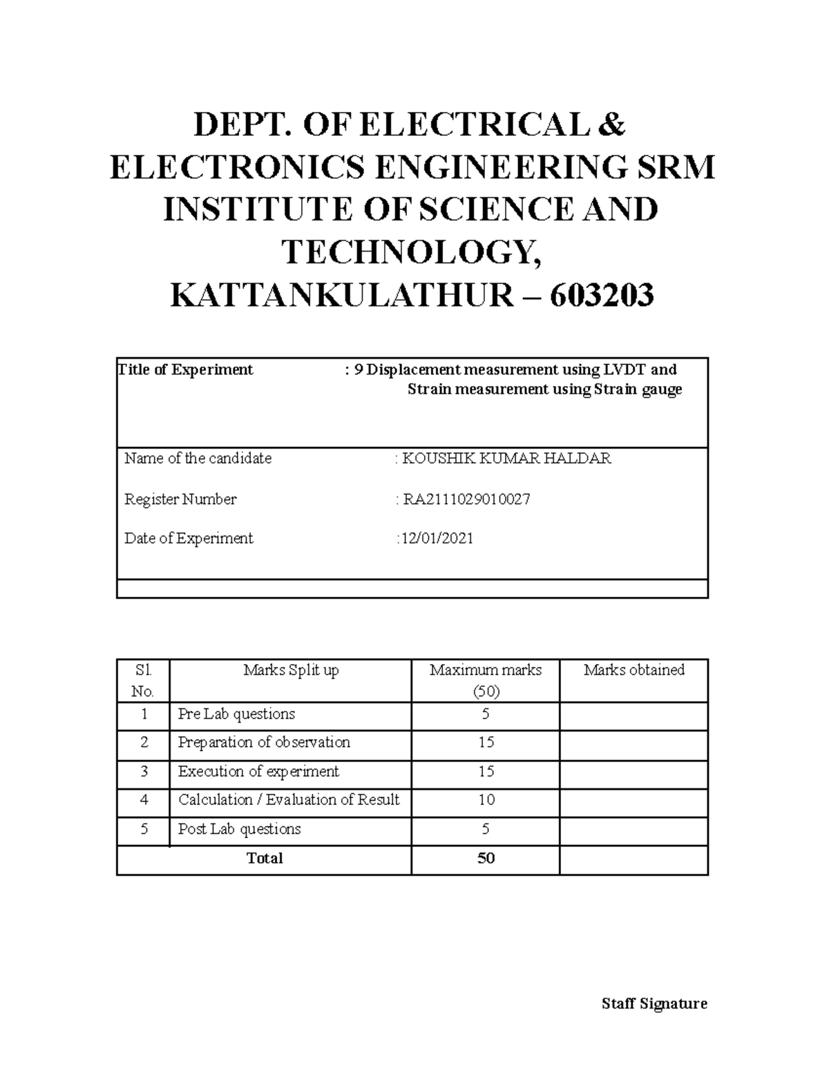 BEEE Exp 9 Displacement measurement using LVDT and Strain measurement