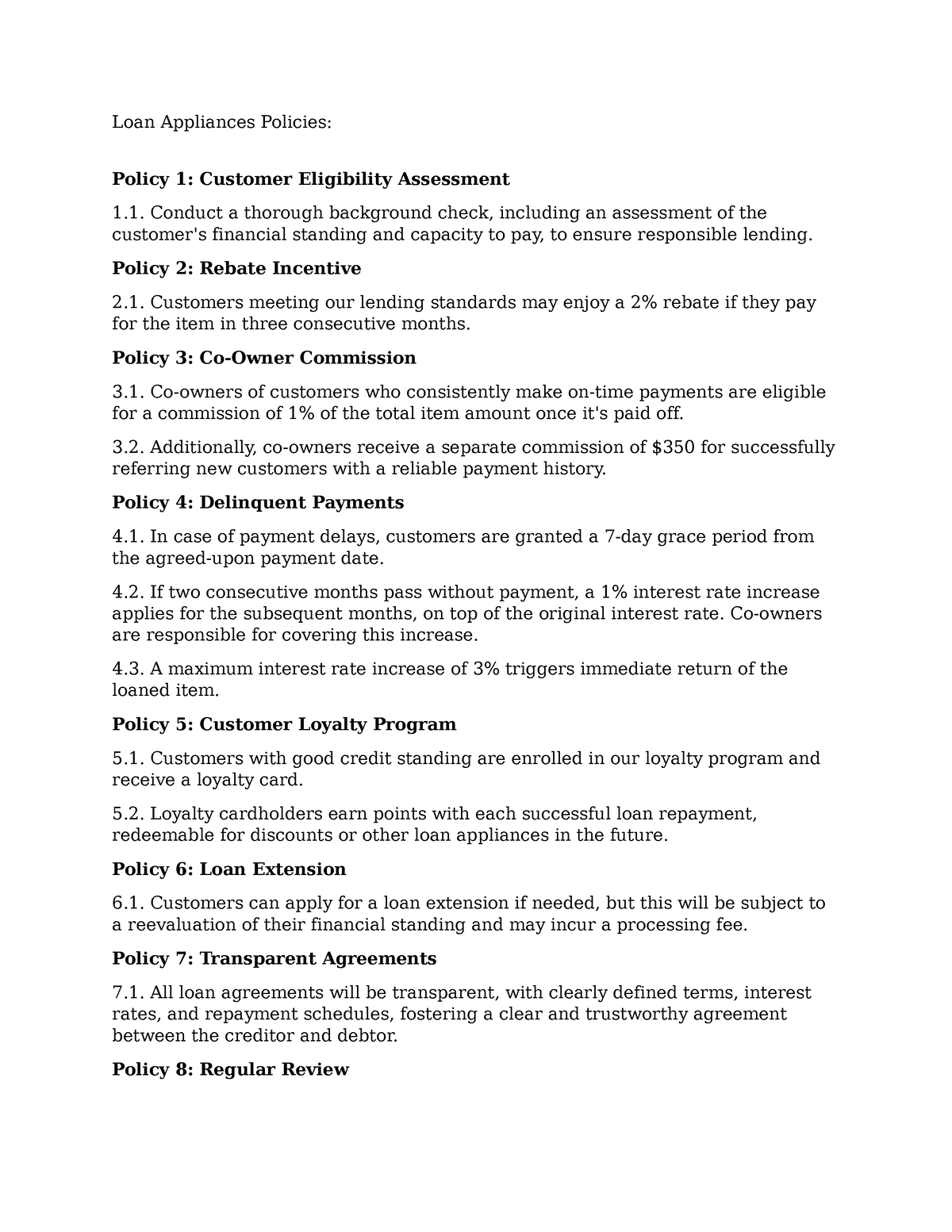 Loan-Appliances-Policies - Loan Appliances Policies: Policy 1: Customer ...