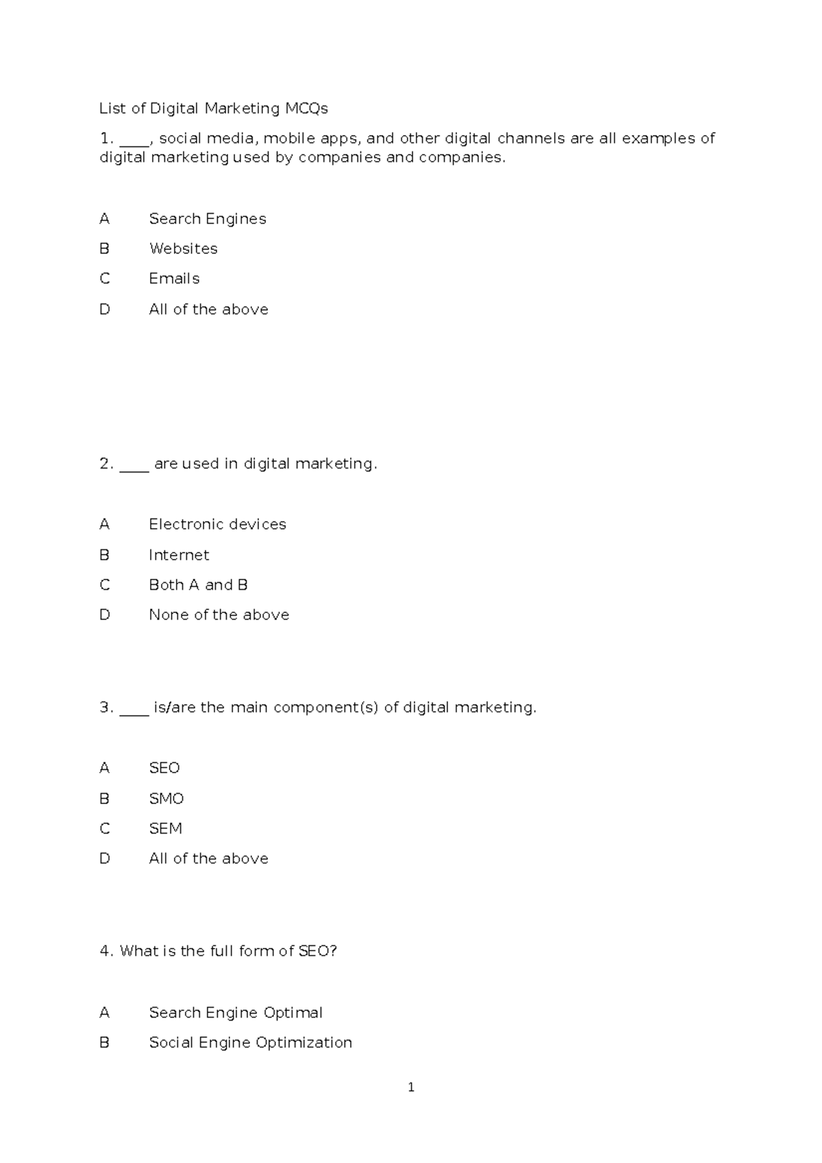 Digital Marketing Quiz - List of Digital Marketing MCQs ____, social ...