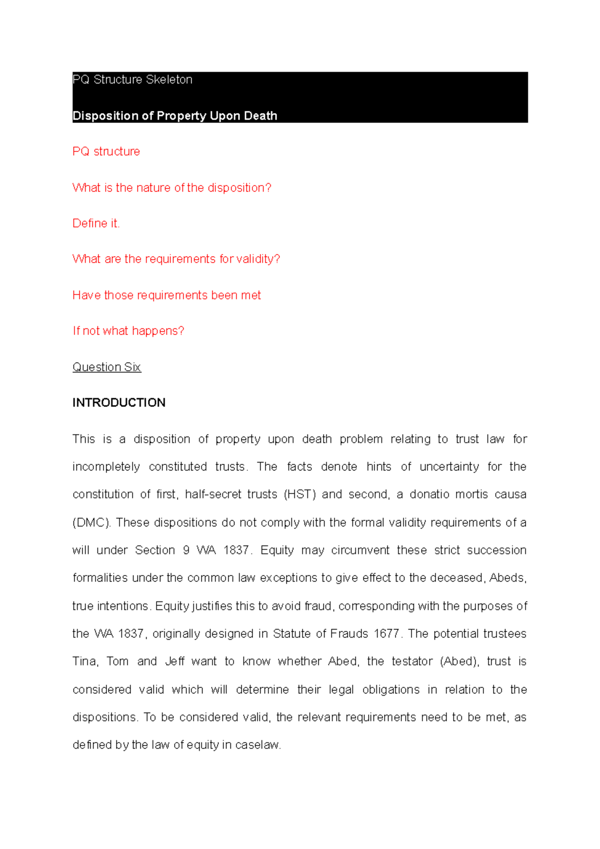 PQ Structure Exam - Disposition Of Property On Death - Equity And ...