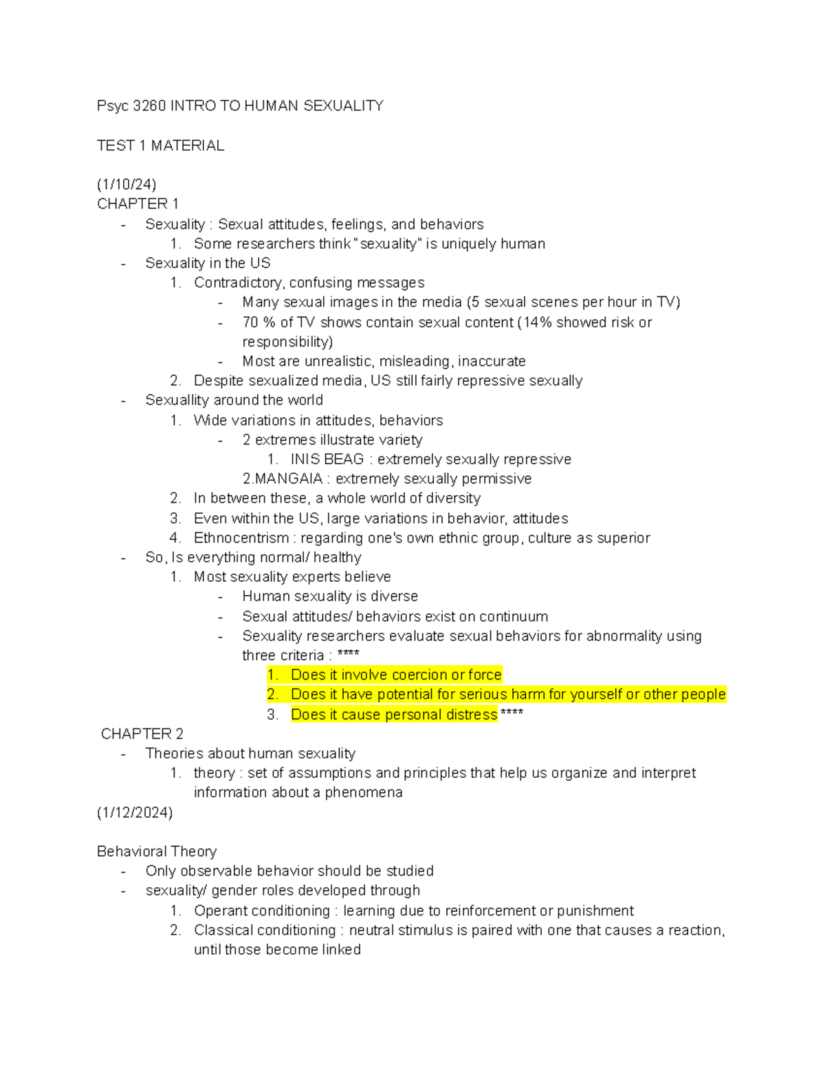 PSYC 3260 - Class notes - Psyc 3260 INTRO TO HUMAN SEXUALITY TEST 1 ...