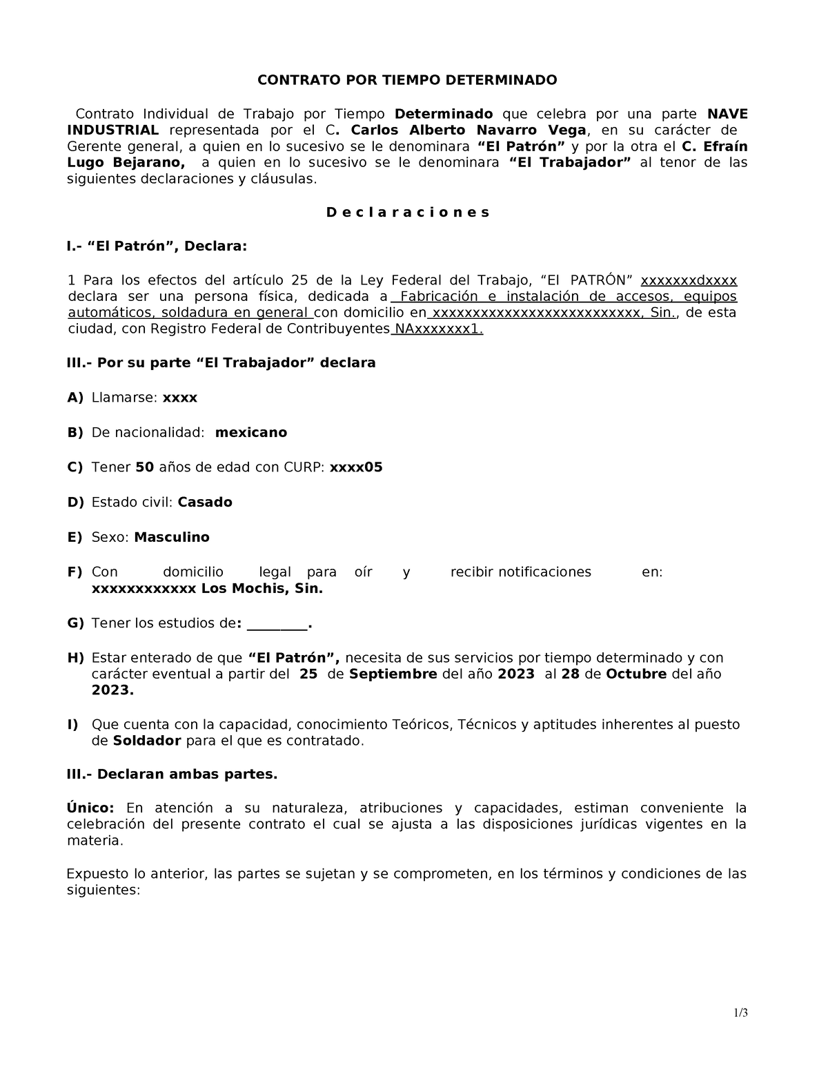 Contrato Determinado - CONTRATO POR TIEMPO DETERMINADO Contrato ...