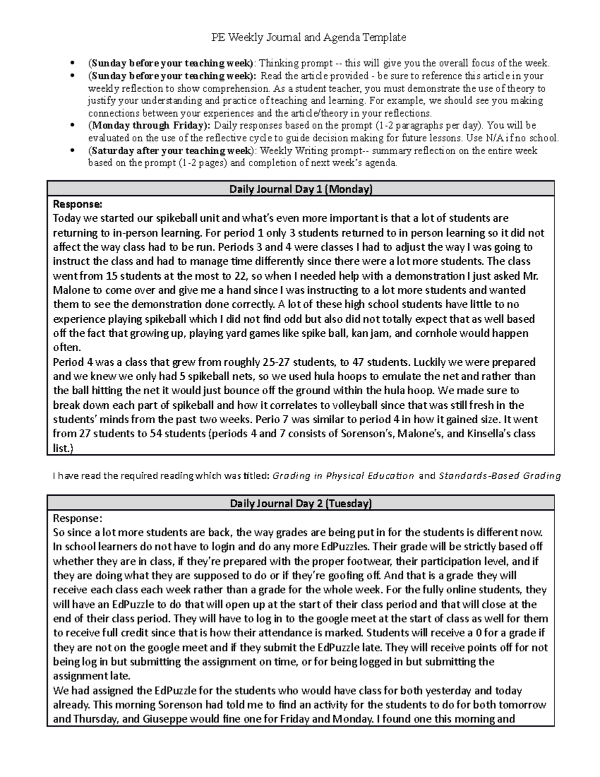 Week 9 ST journal - PE Weekly Journal and Agenda Template (Sunday ...