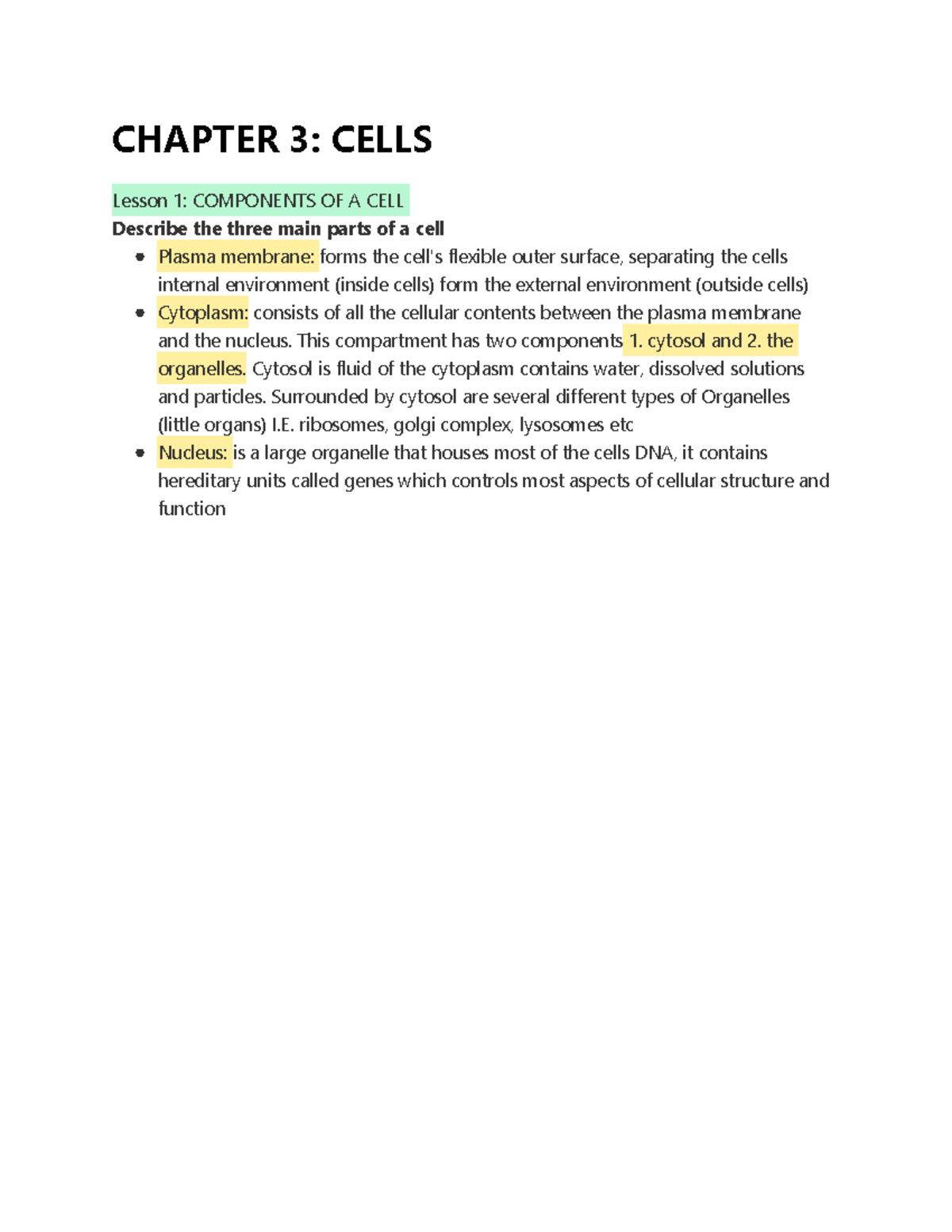 Chapter 3 Cells - ALL NOTES FROM TEXTBOOK - CHAPTER 3: CELLS Lesson 1 ...