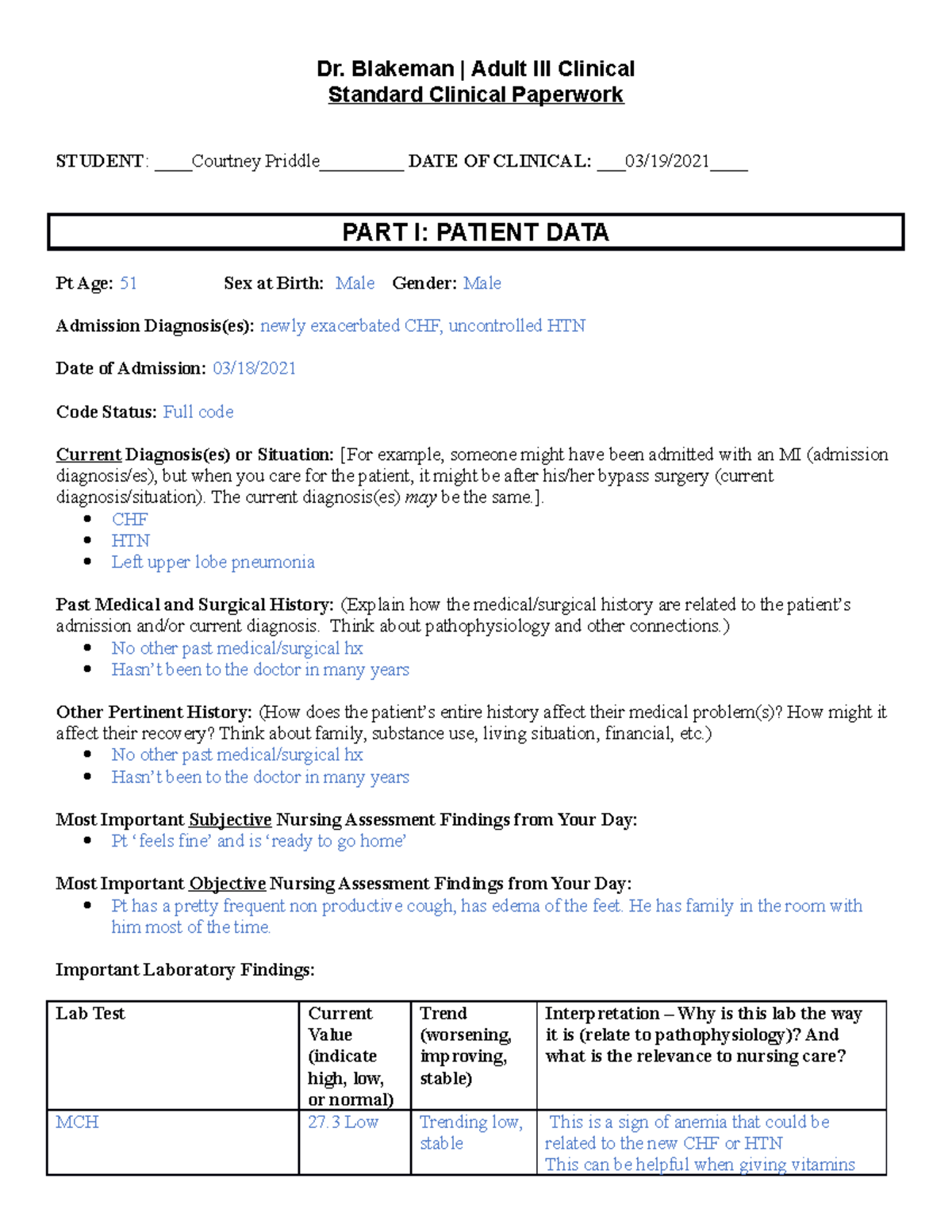 Weekly Clinical Paperwork 3 Dr. Blakeman Adult III Clinical
