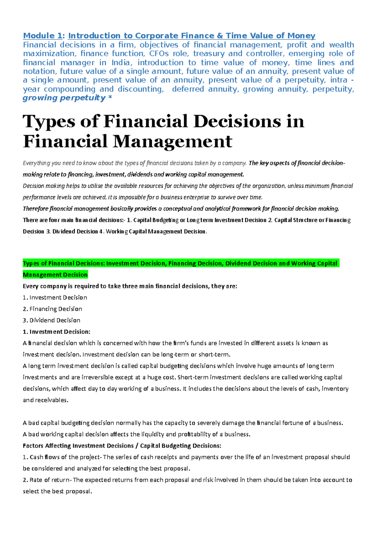 Module 1 Corporate Finance Notes - Module 1: Introduction to Corporate ...