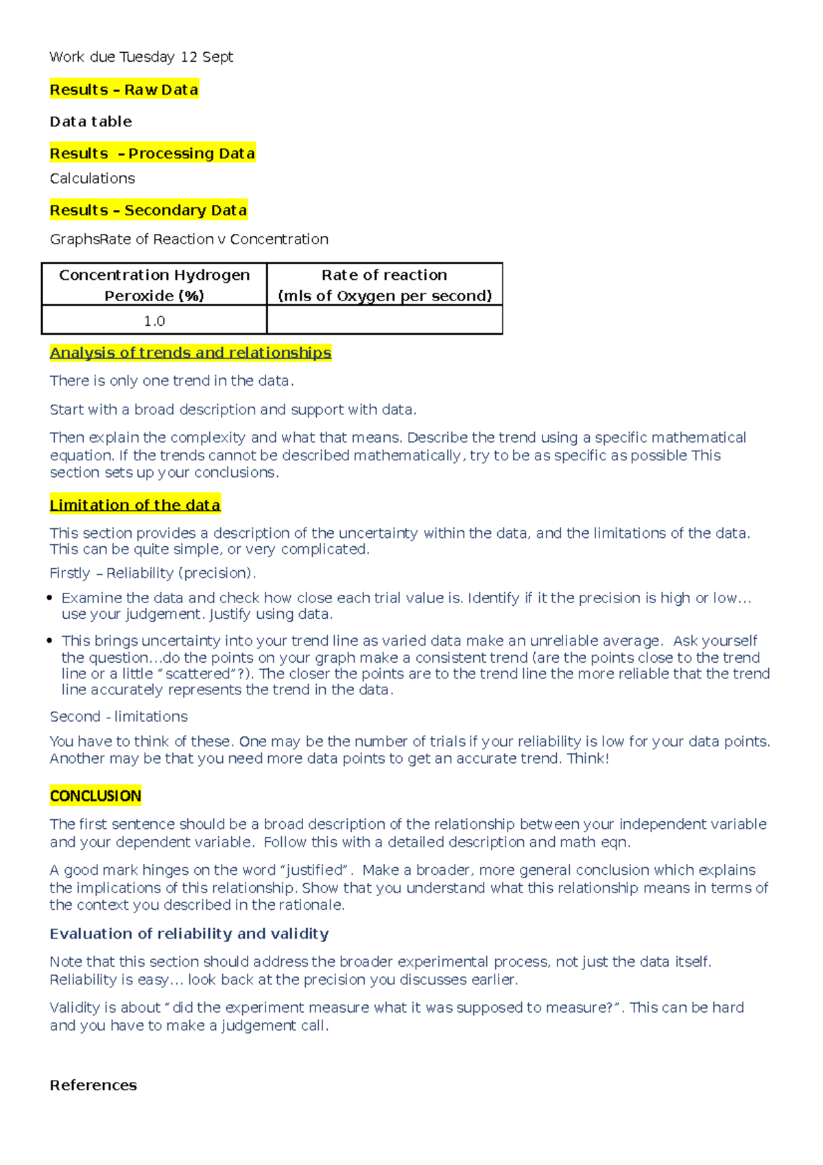 Work due Tuesday 12 Sept - Work due Tuesday 12 Sept Results – Raw Data ...