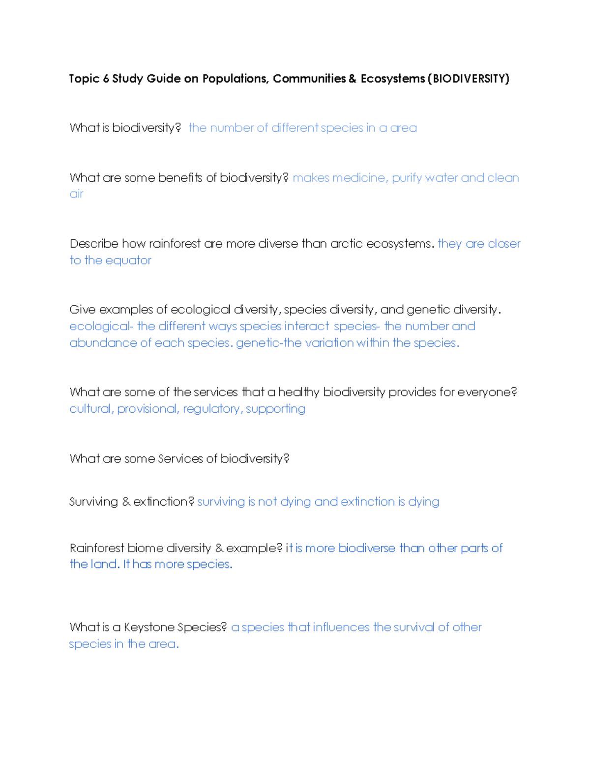 Topic 6 Study Guide Topic 6 Study Guide on Populations, Communities