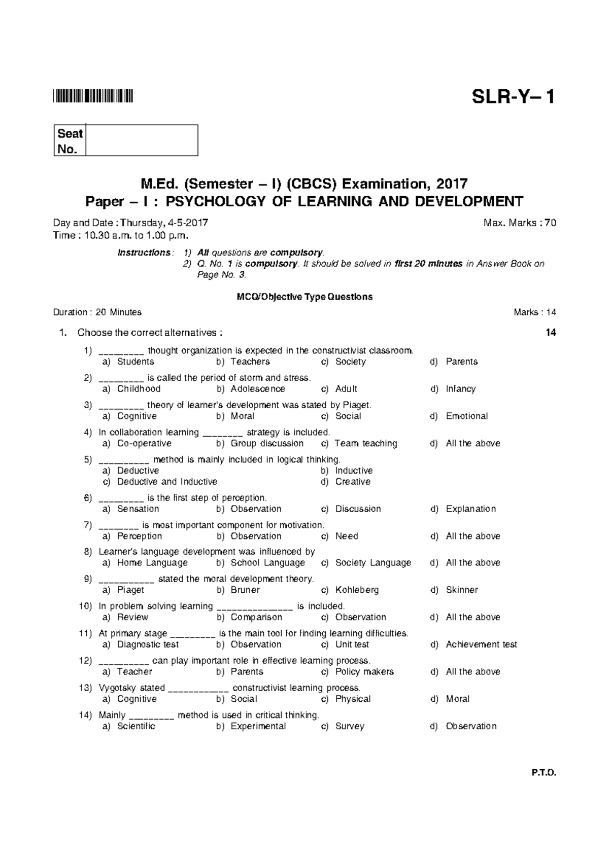 Question papers master of education semester I & II - B v IB v E 2I wFi ...