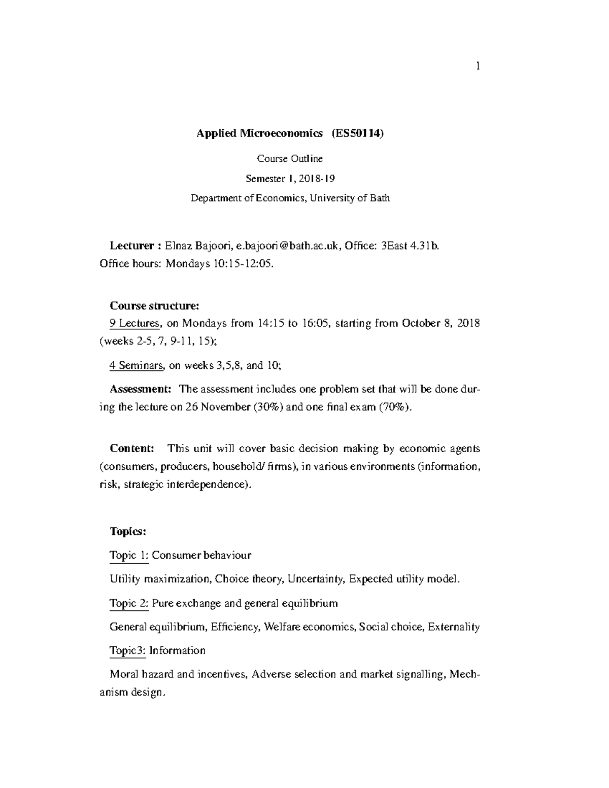 Outline - 1 Applied Microeconomics (ES50114) Course Outline Semester 1 ...