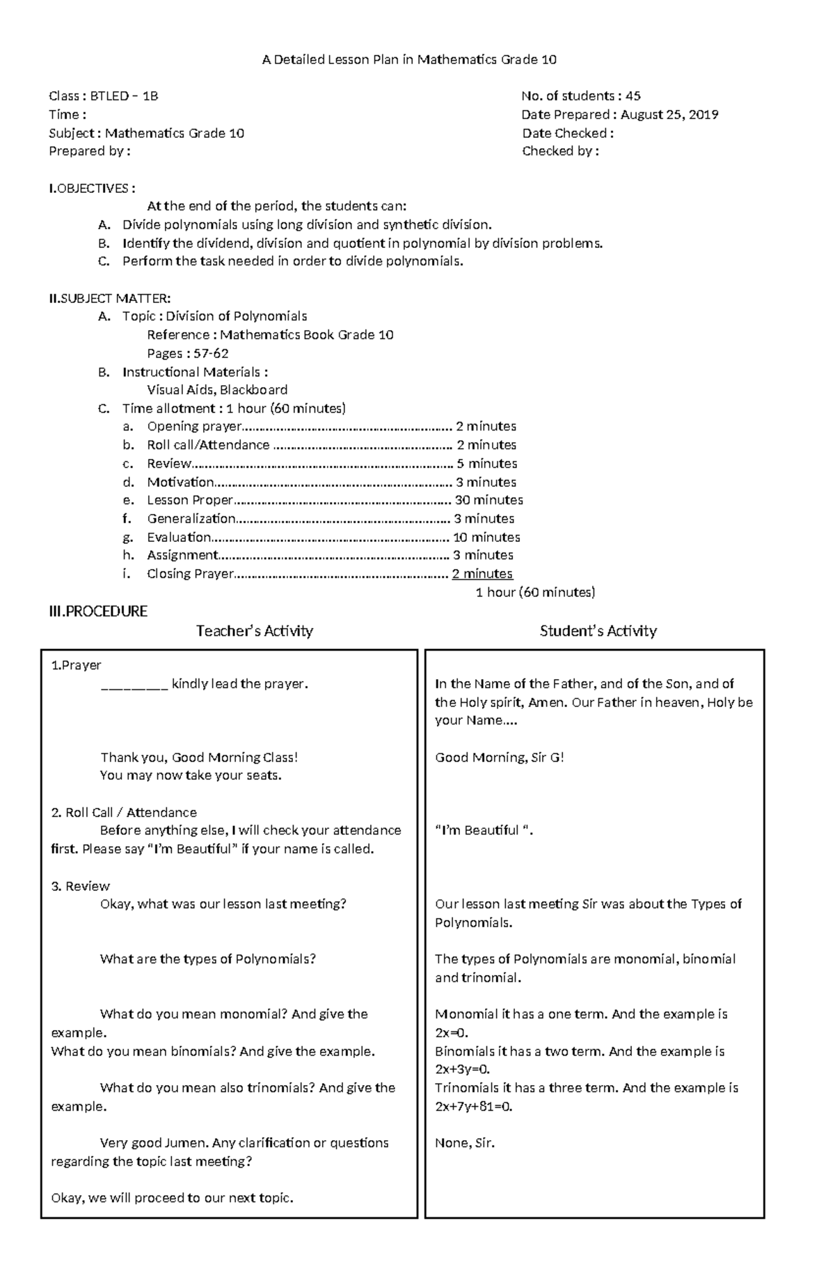 A Detailed Lesson Plan in Mathematics Grade 10 - 1 _________ kindly ...