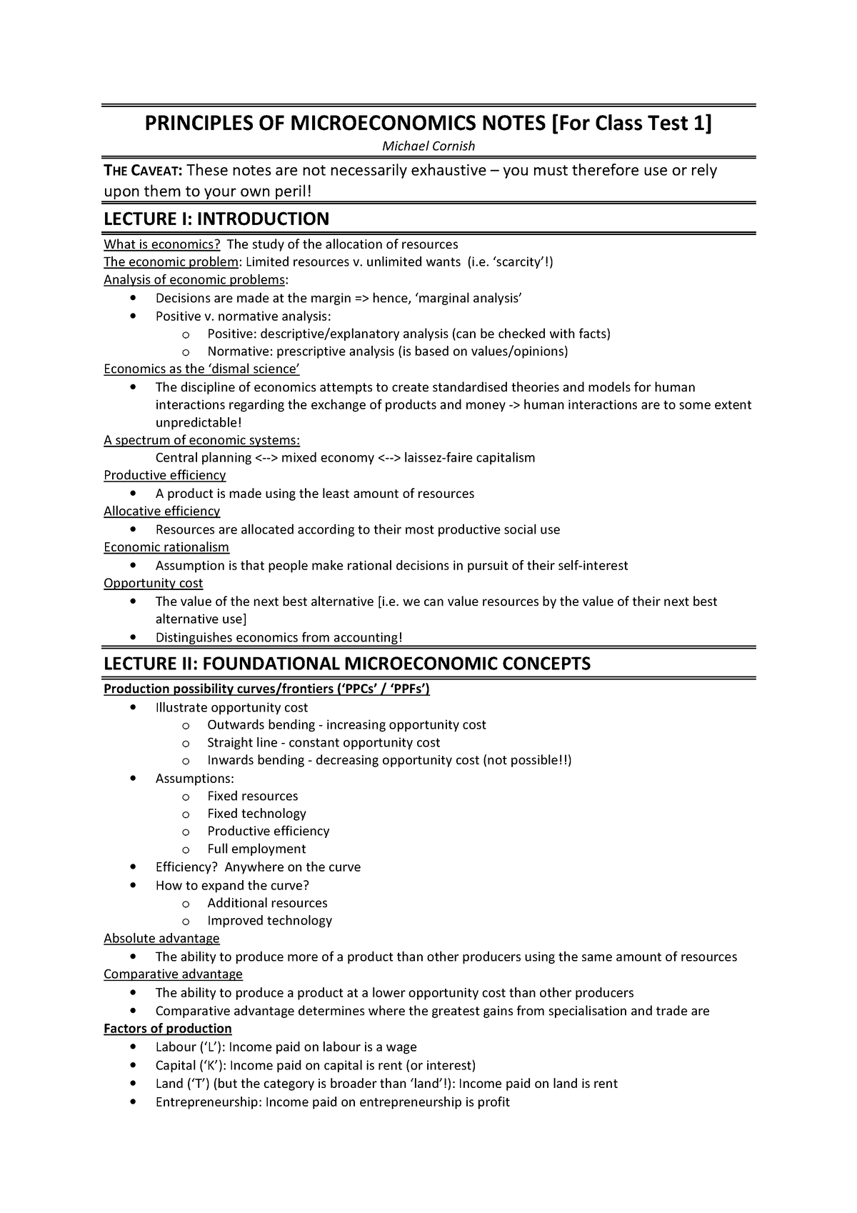 Principles Of Microeconomics Notes For Class Test 1 - PRINCIPLES OF ...