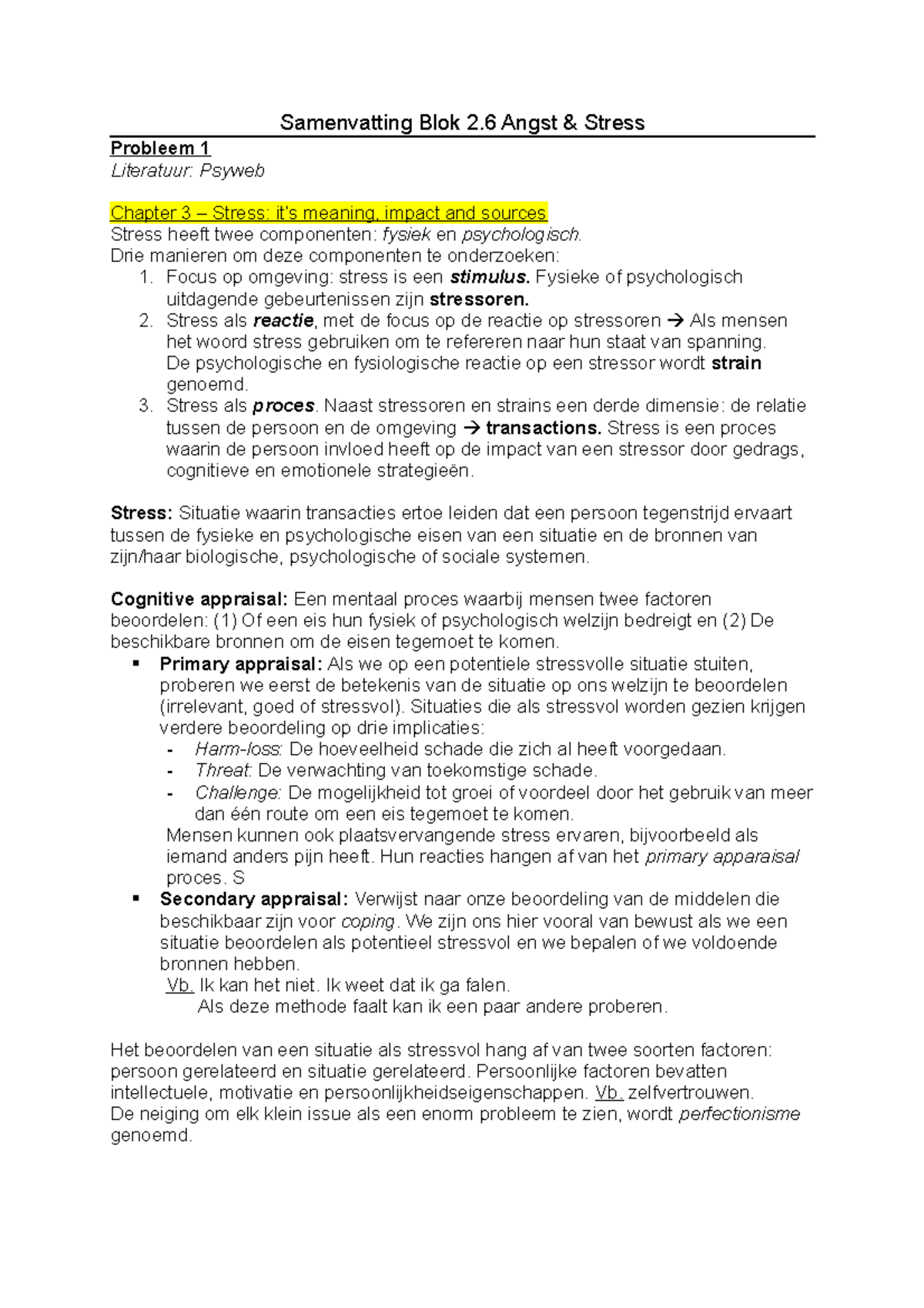 Samenvatting Blok 2.6 - Samenvatting Blok 2 Angst Stress Probleem 1 ...