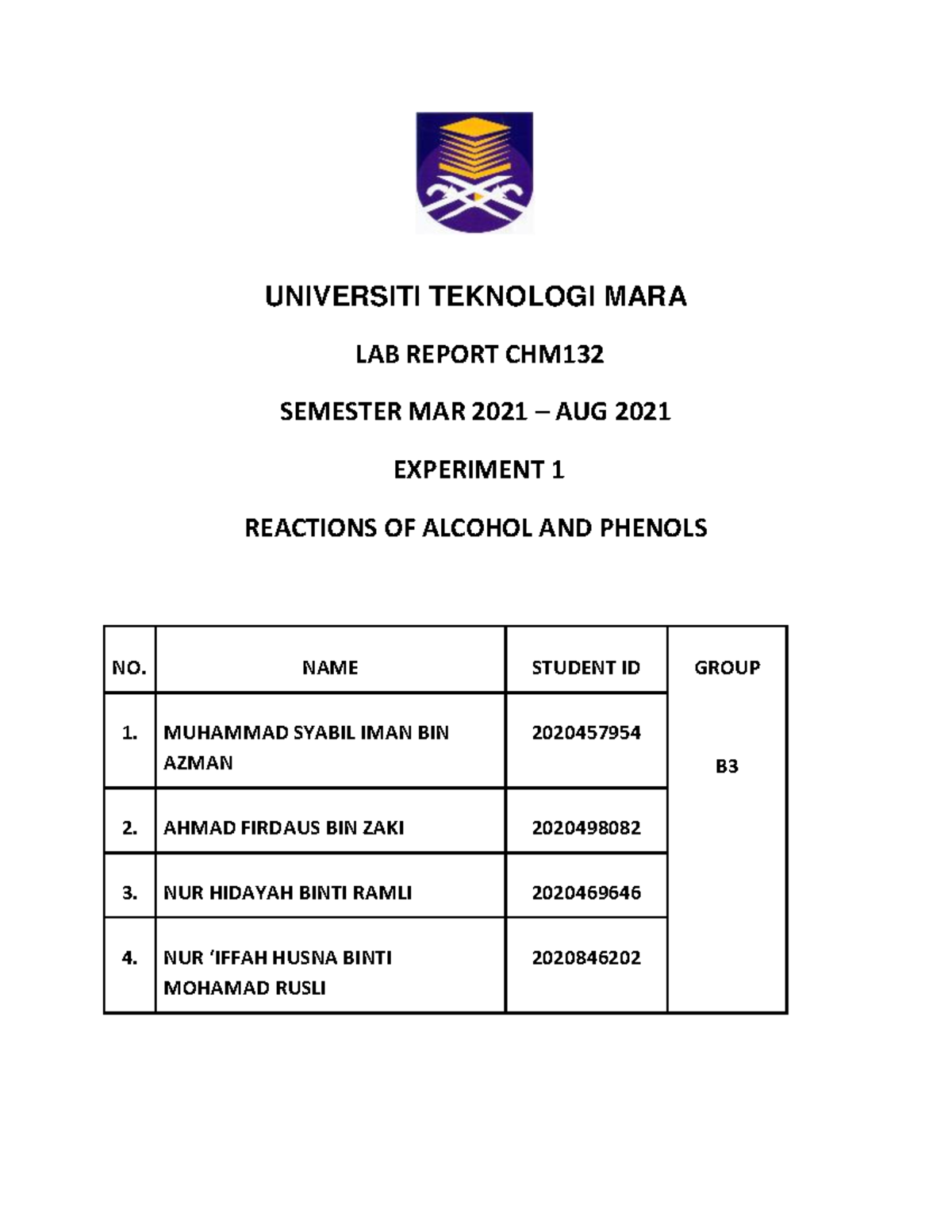 LAB Report Experiment 1 Reactions OF Alcohol AND Phenols Organic