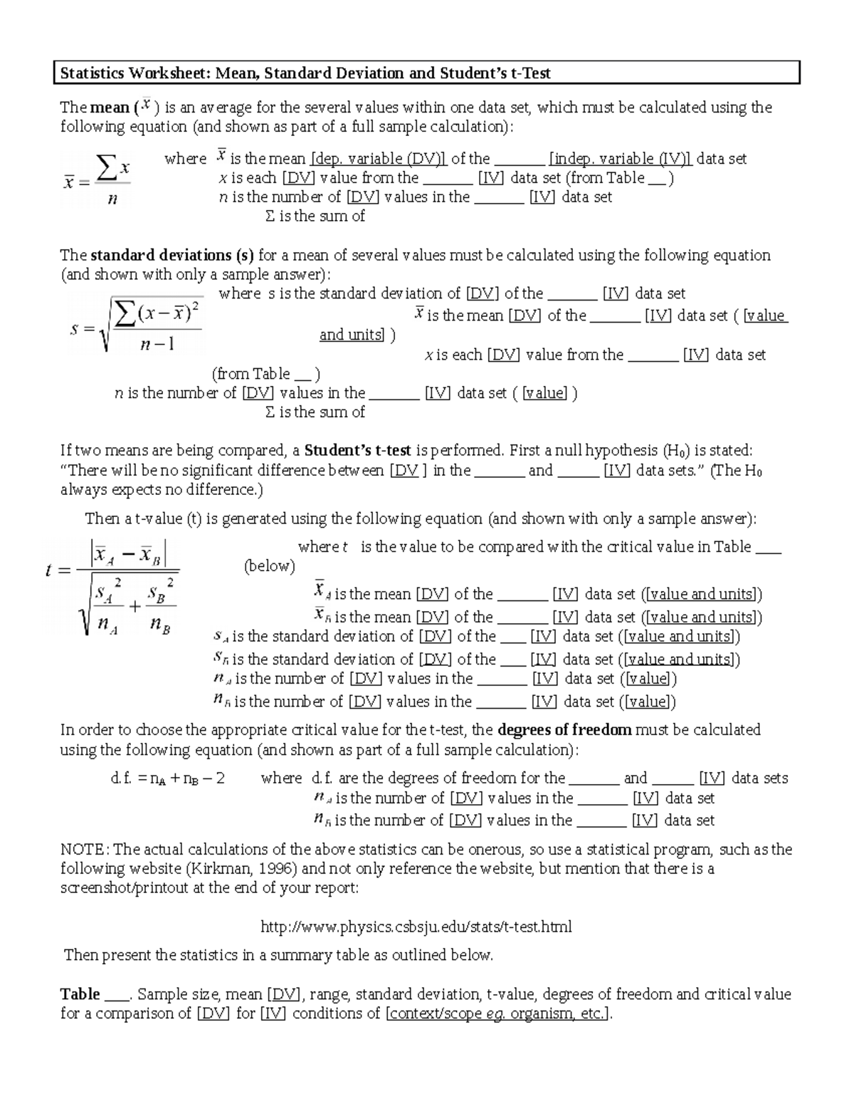 WS Stats Templates & Resources - Statistics Worksheet: Mean, Standard ...