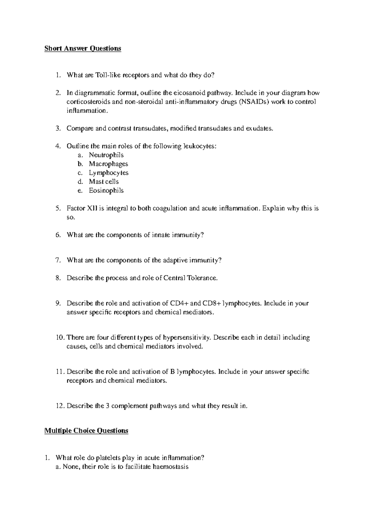 Acute Inflammation And Immunology Practice Questions - Short Answer ...