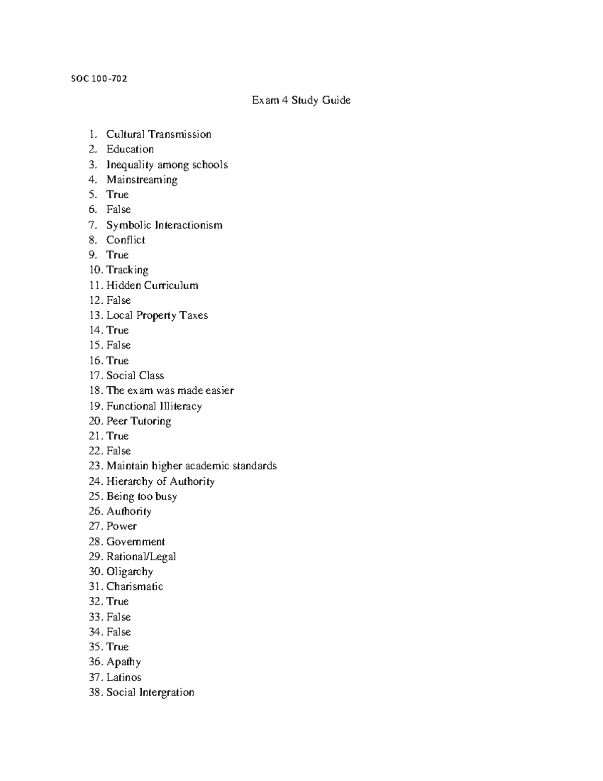 SOC 100 Exam 4 Study Guide - SOC 100- Exam 4 Study Guide Cultural ...