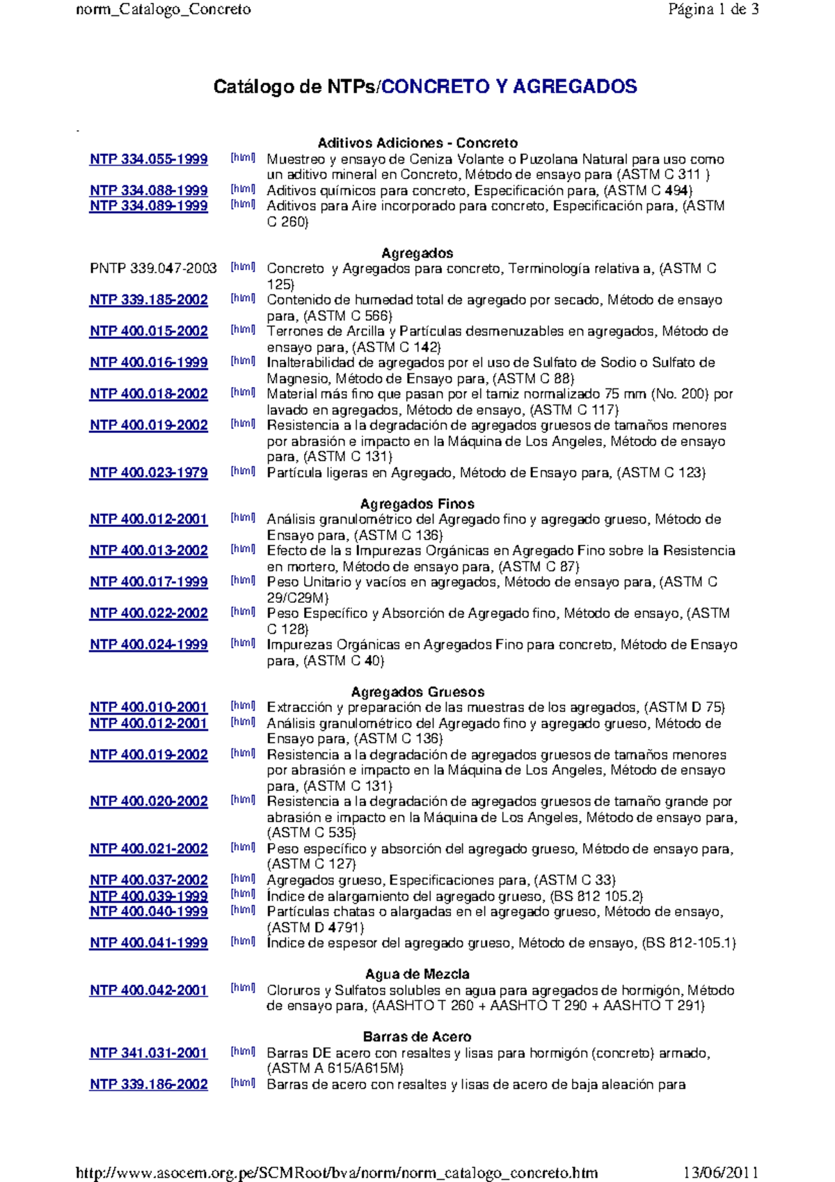 Catalago de normas astm ntp - Catálogo de NTPs/CONCRETO Y AGREGADOS ...