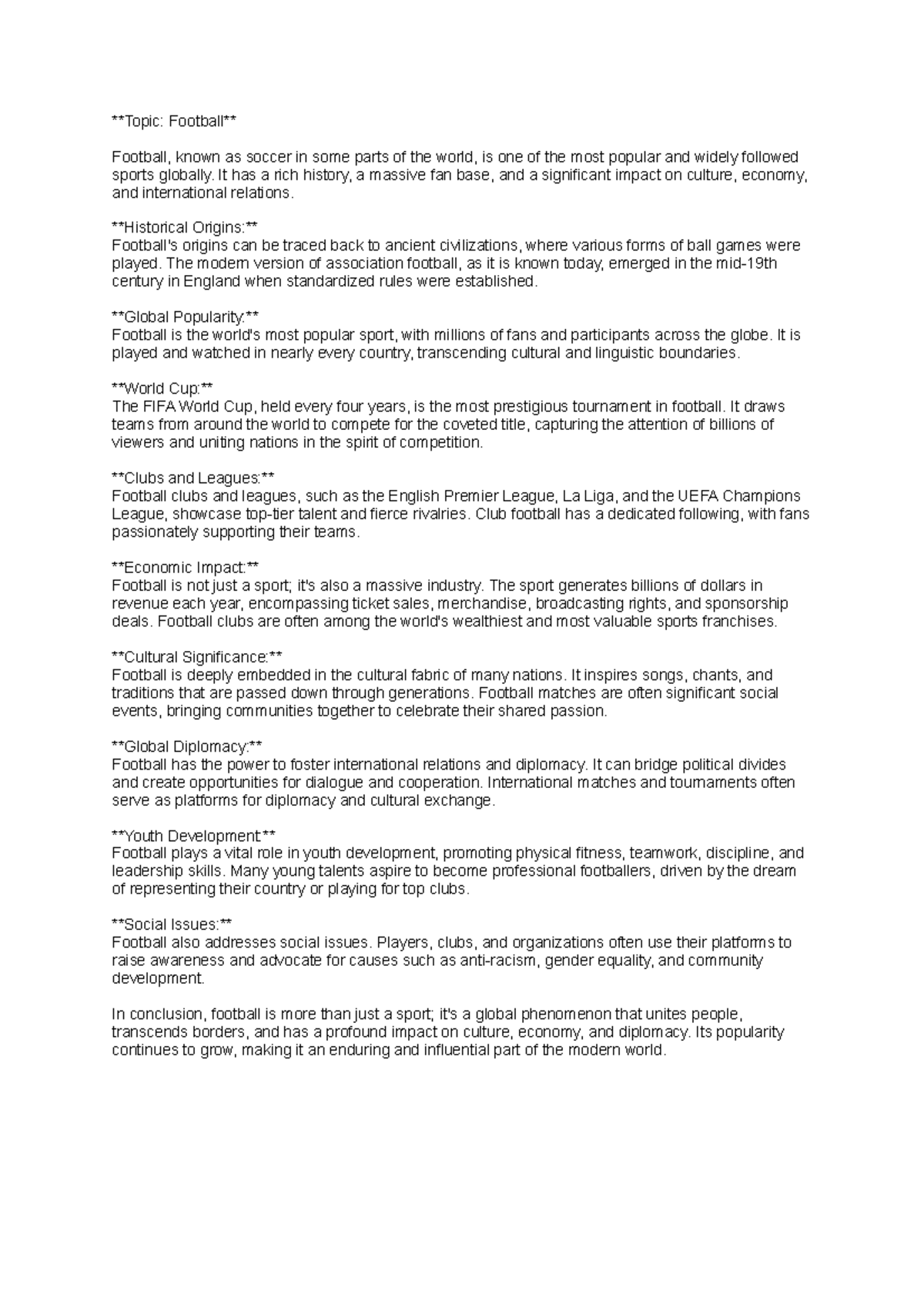 Codes 439540629 - Handout - Topic: Football Football, known as soccer ...