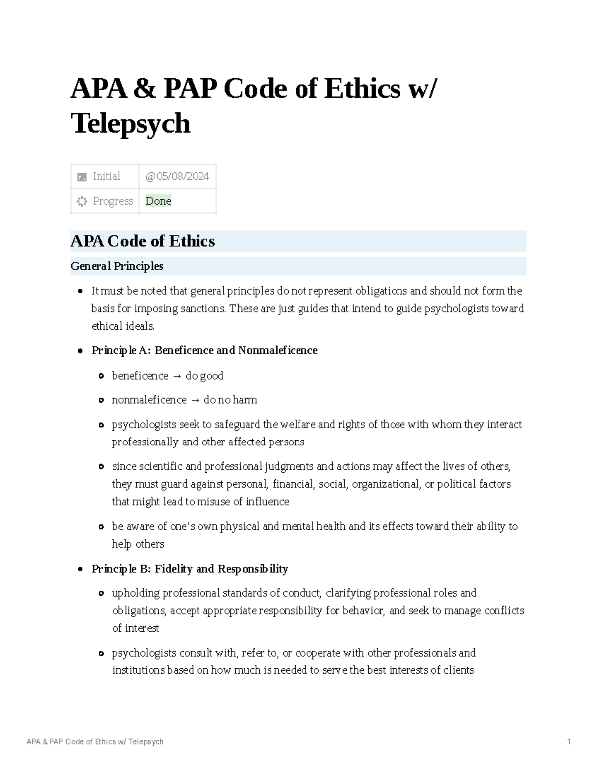 APA PAP Code of Ethics - APA & PAP Code of Ethics w/ Telepsych Initial ...