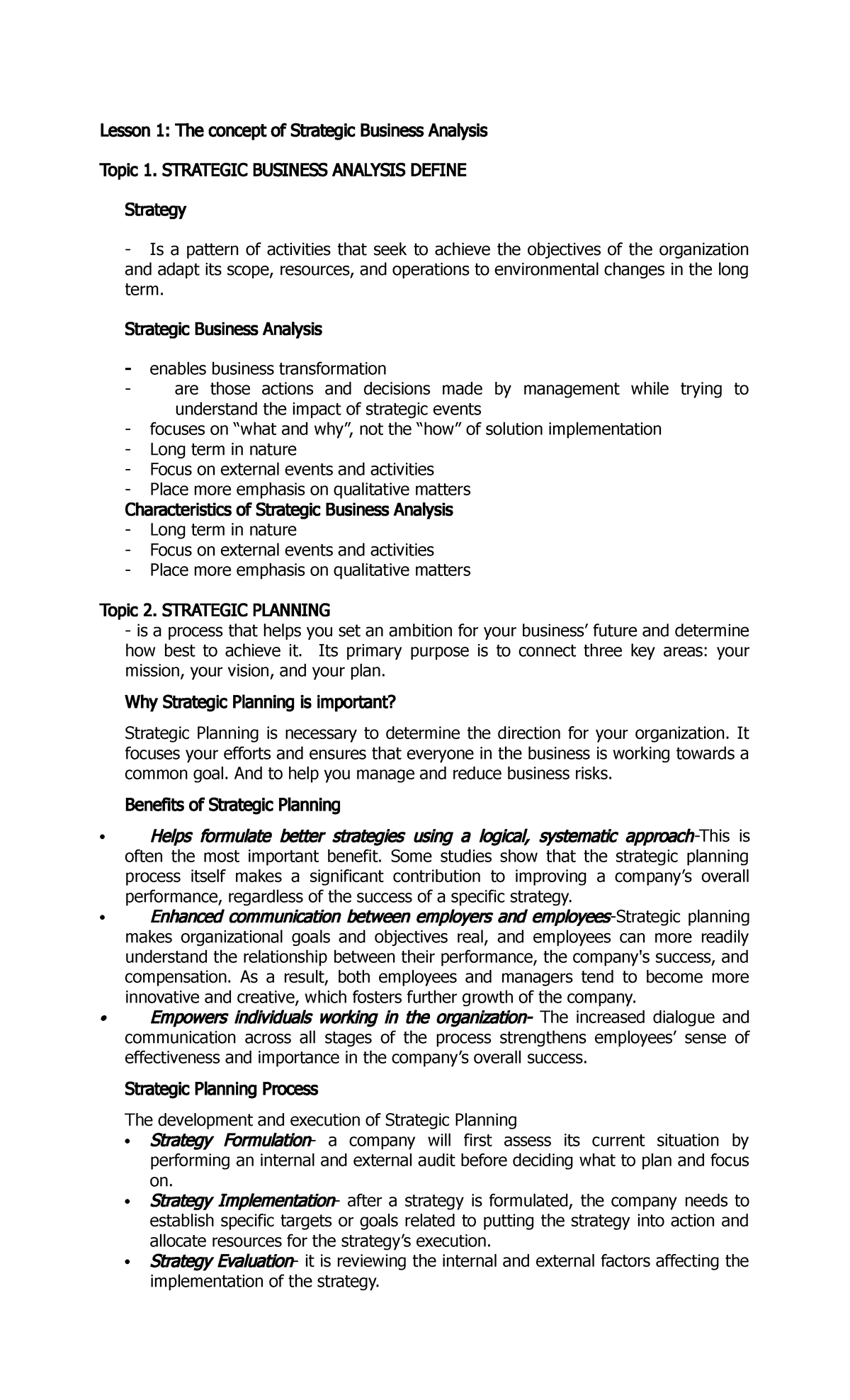 Group 1- Topic Outline Lesson 1-The concept of Strategic Business ...