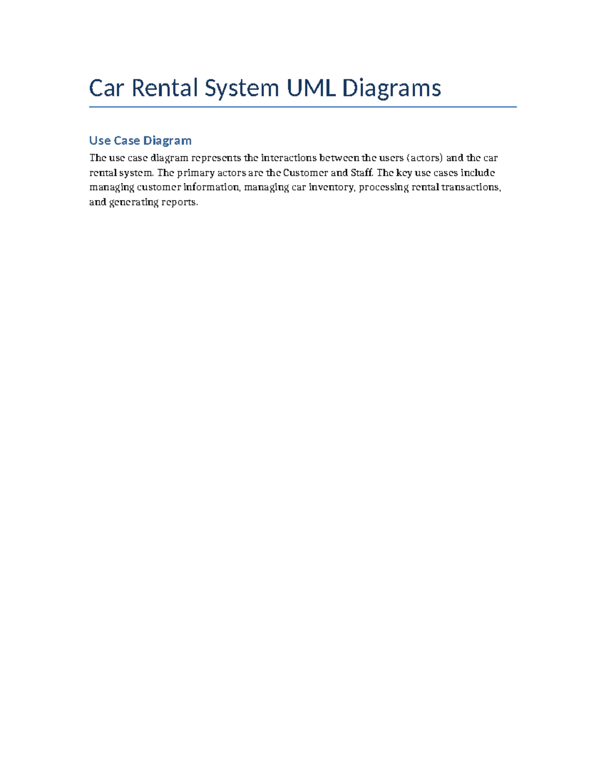 Car Rental System UML Diagrams - The primary actors are the Customer ...