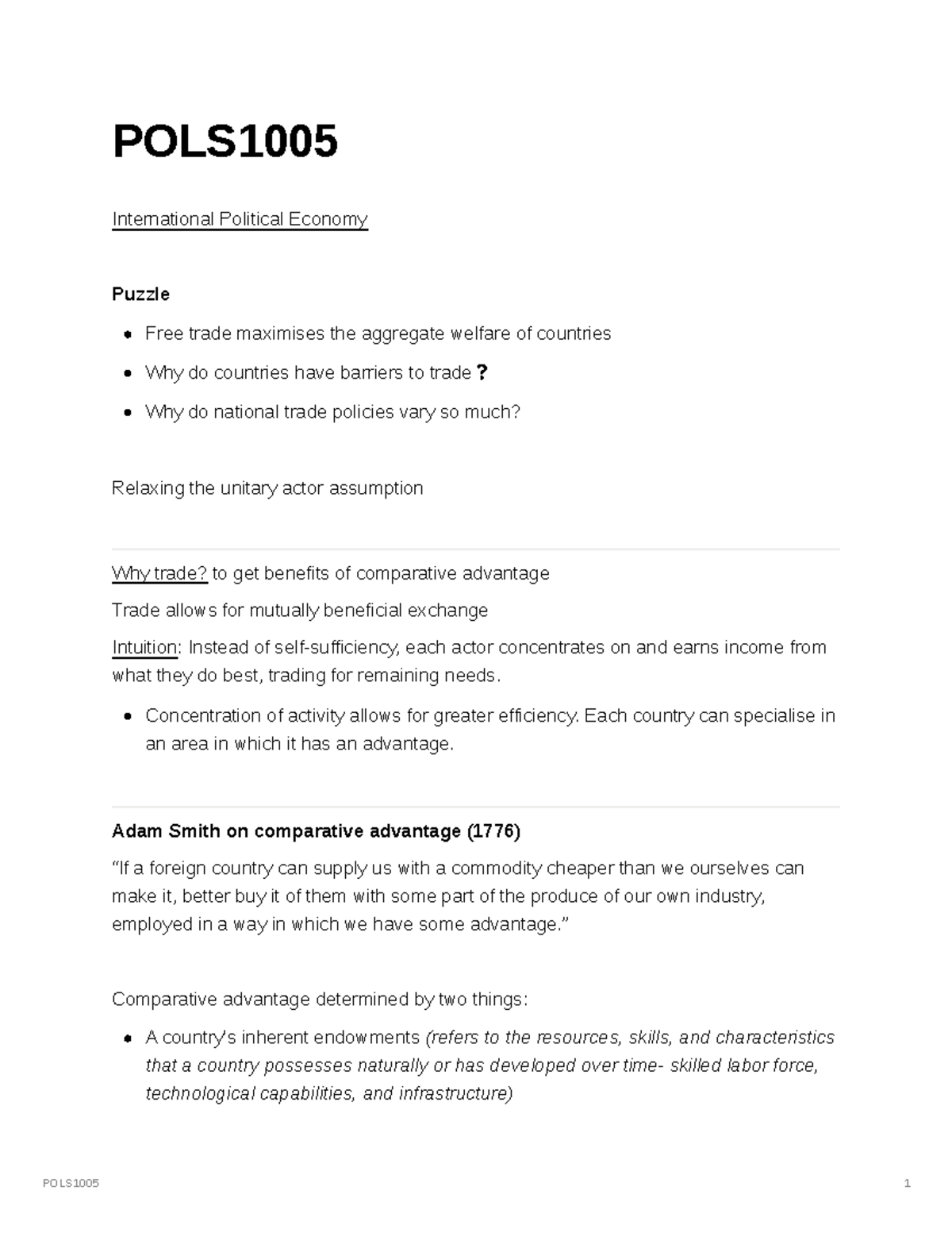 POLS1005 - Lecture notes - POLS International Political Economy Puzzle ...
