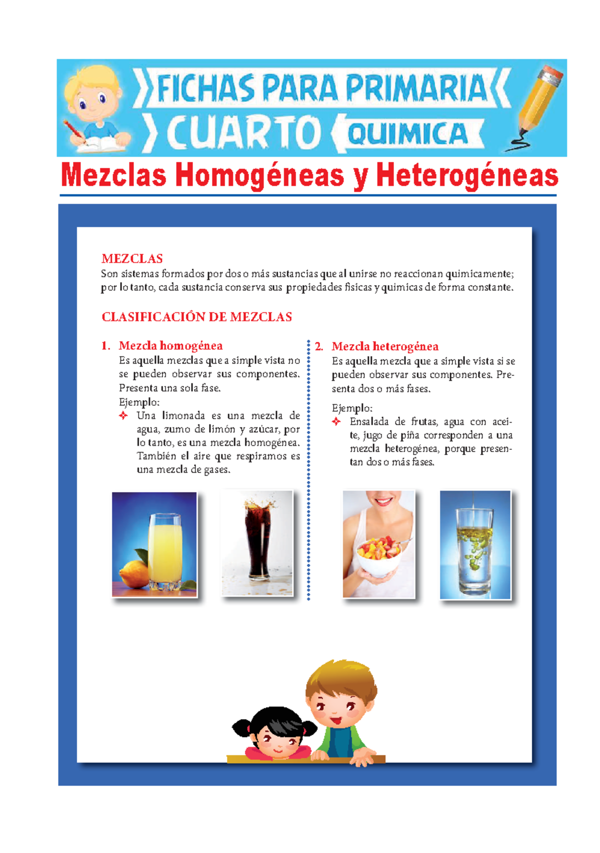 Mezclas Homogéneas y Heterogéneas para Cuarto de Primaria - MEZCLAS Son ...