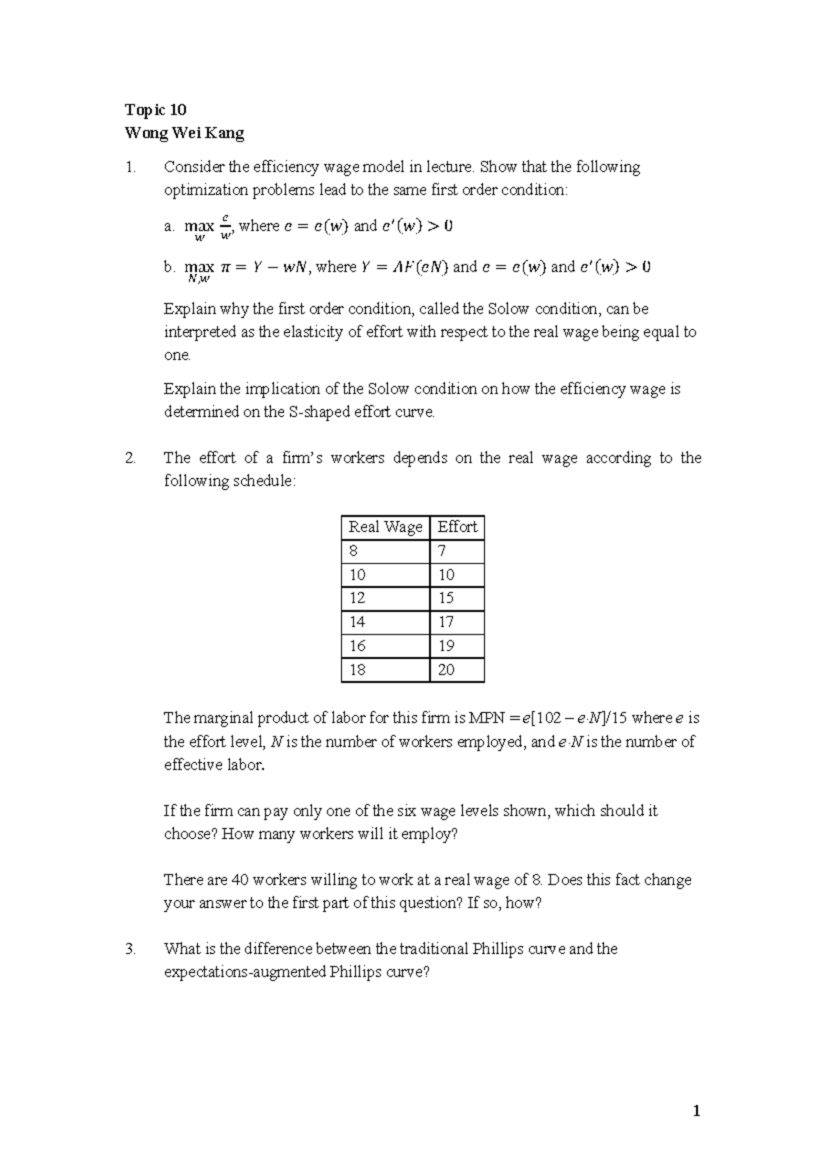 EC2102 Topic 10 - 1 Topic 10 Wong Wei Kang Consider the efficiency wage ...