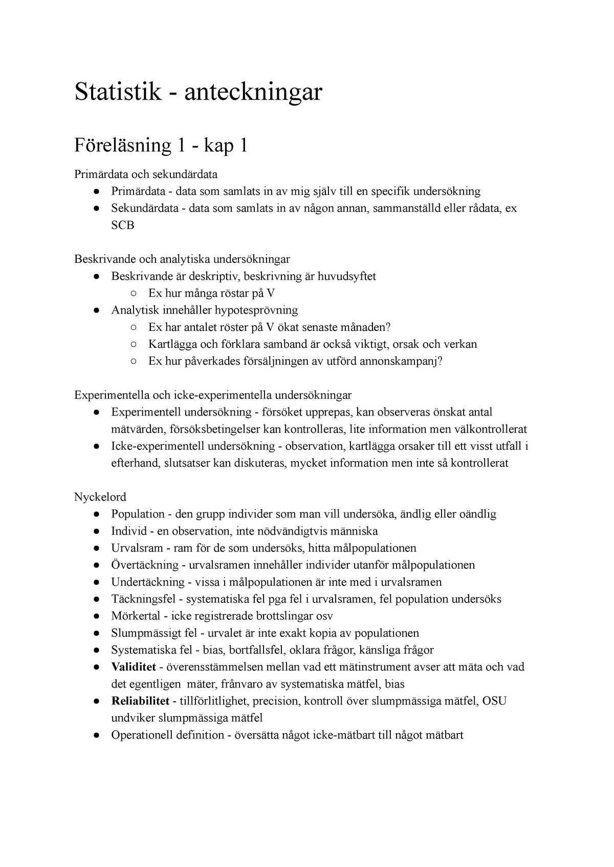 Statistik - Anteckningar - Statistik - Anteckningar Föreläsning 1 - Kap ...