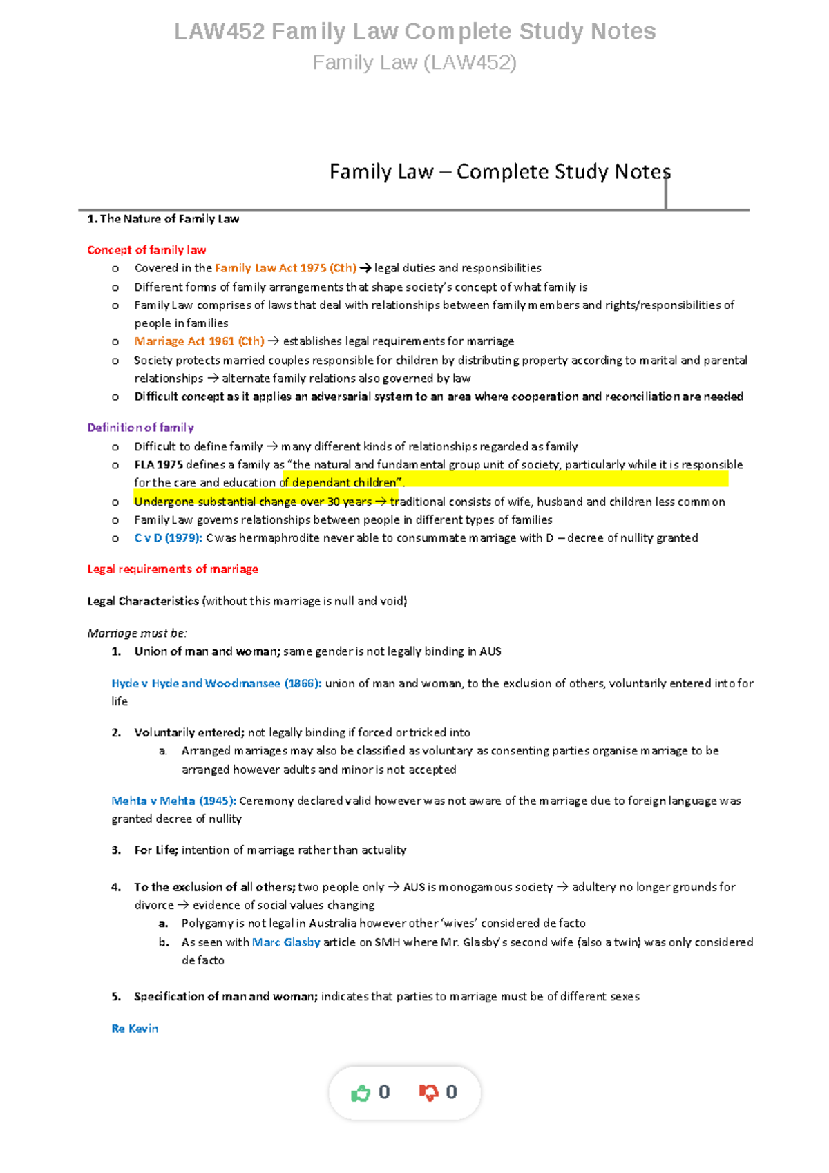 Family Law Exam Notes 2 asdasdasdasd LAW452 Family Law Complete