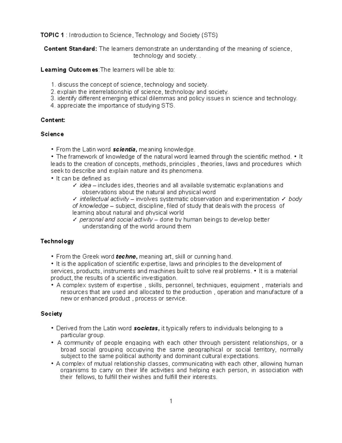 Lesson 1 - Introduction To STS - TOPIC 1 : Introduction To Science ...