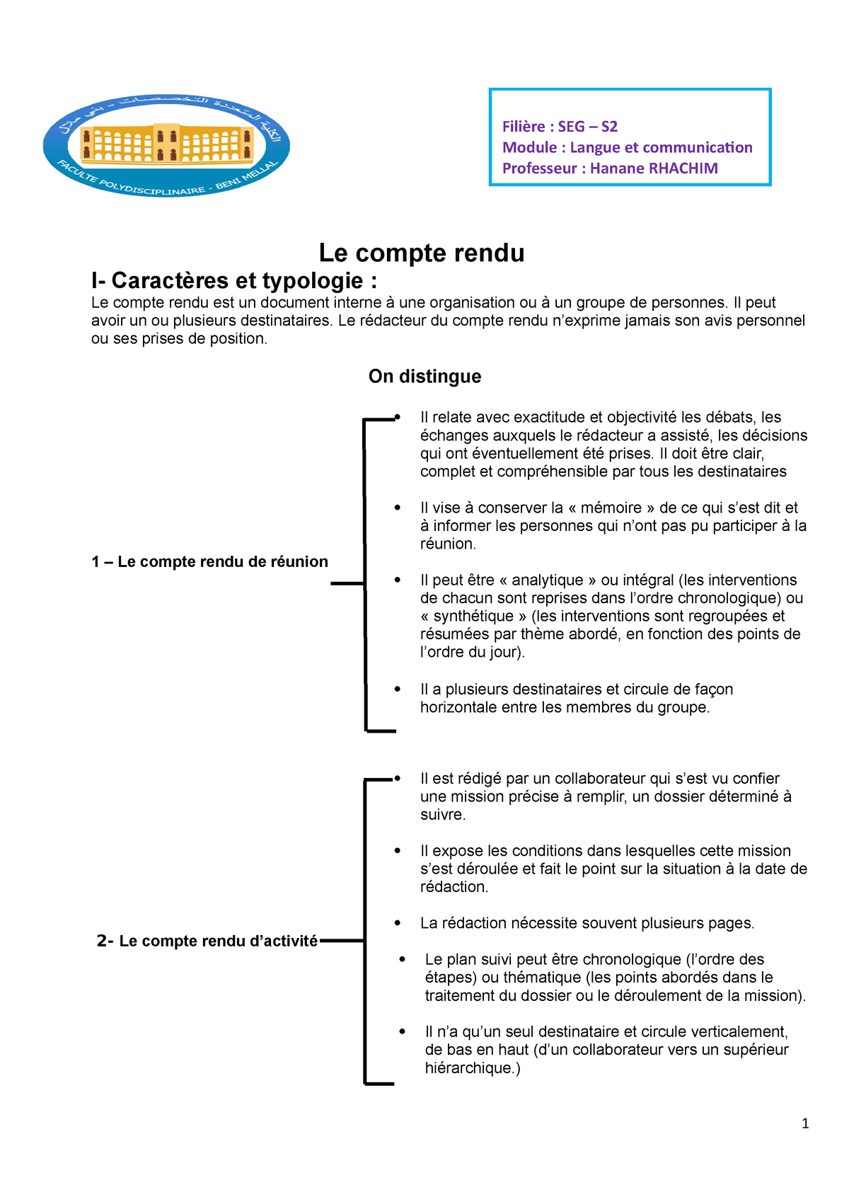 Cours Compte Rendu Le Compte Rendu I Caract Res Et Typologie Le Compte Rendu Est Un