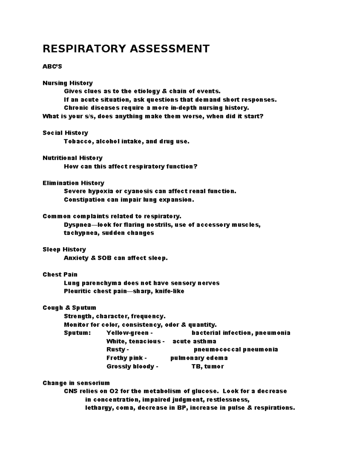 Respiratory Assessment - RESPIRATORY ASSESSMENT ABC’S Nursing History ...