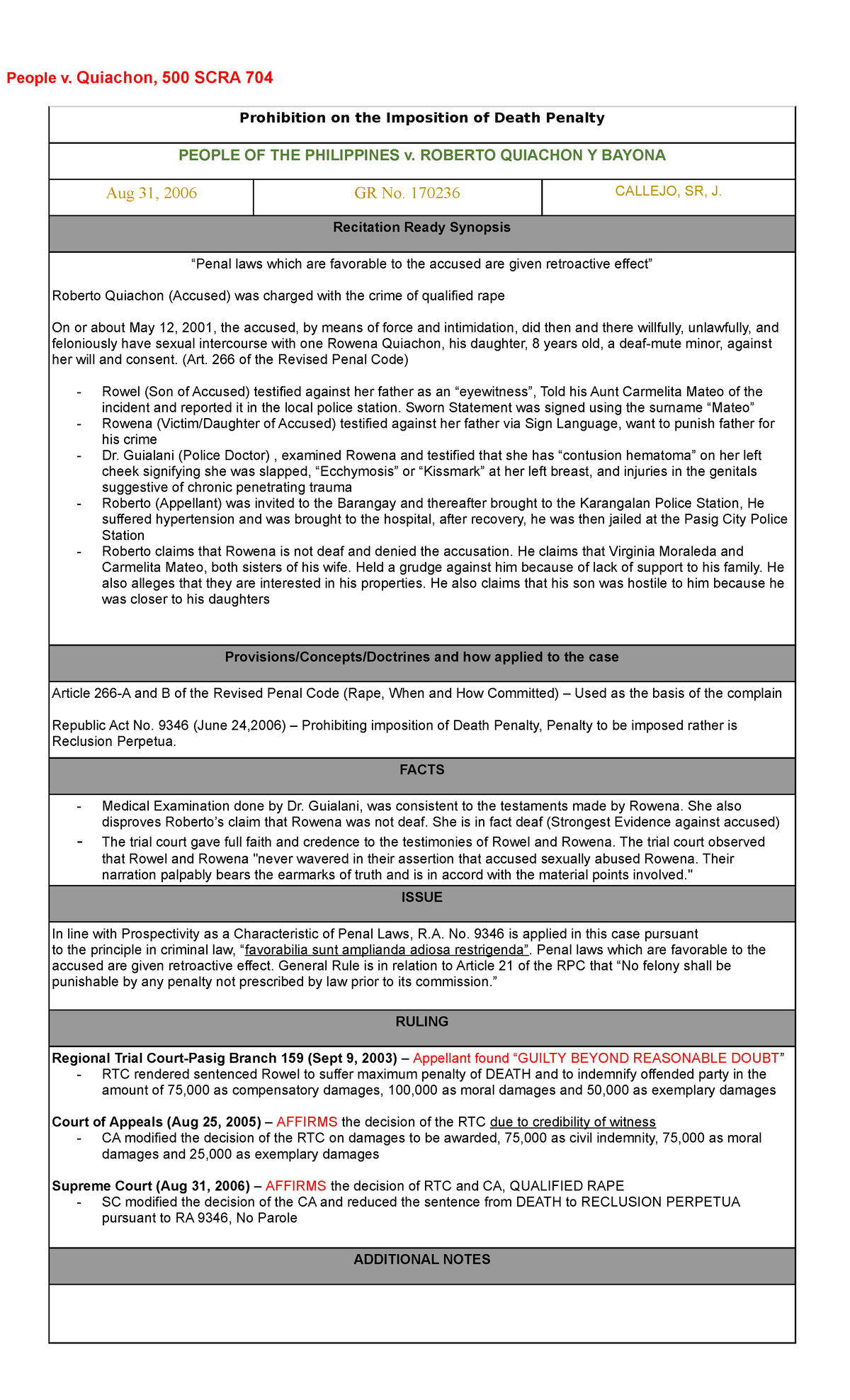 14 People v Quiachon 500 SCRA 704 GR No. 170236 Aug 31, 2006 - Digest ...