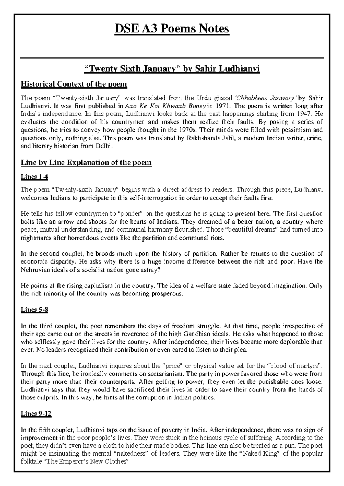 DSE A3 Poems Notes - DSE A3 Poems Notes “Twenty Sixth January” by Sahir ...