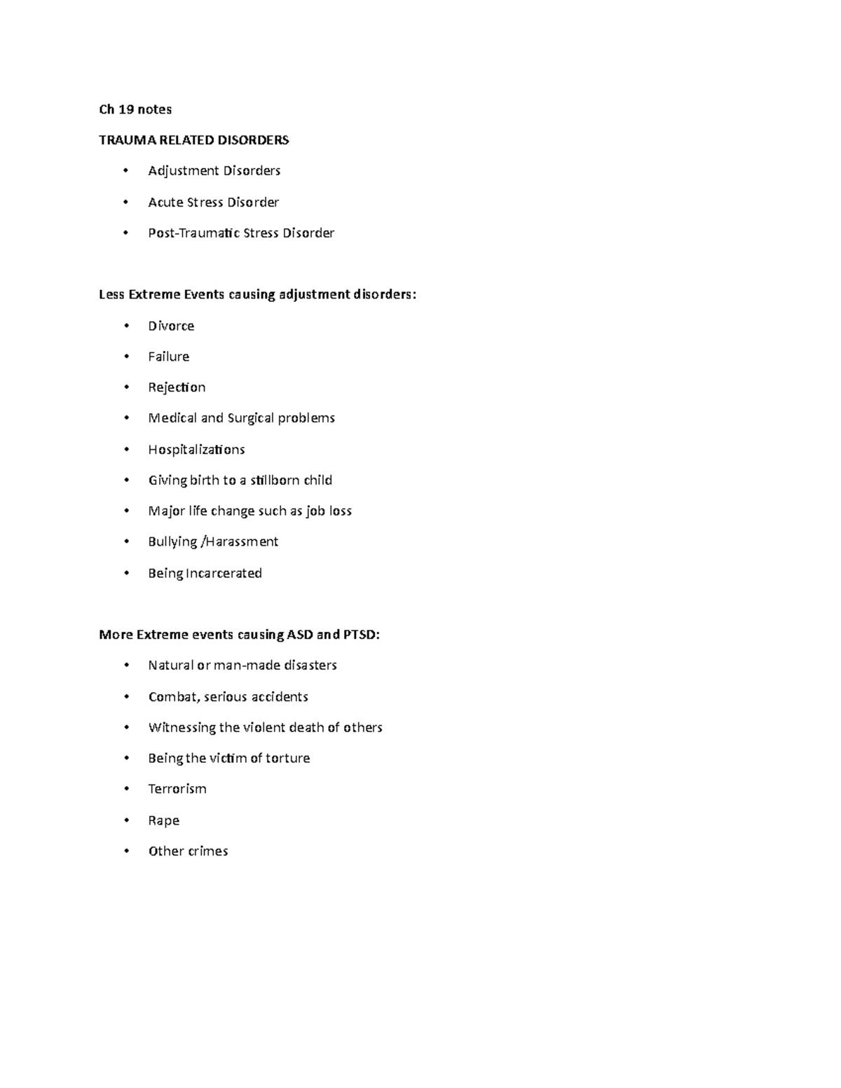 Ch 19 Notes - Ch 19 Notes TRAUMA RELATED DISORDERS - Adjustment ...