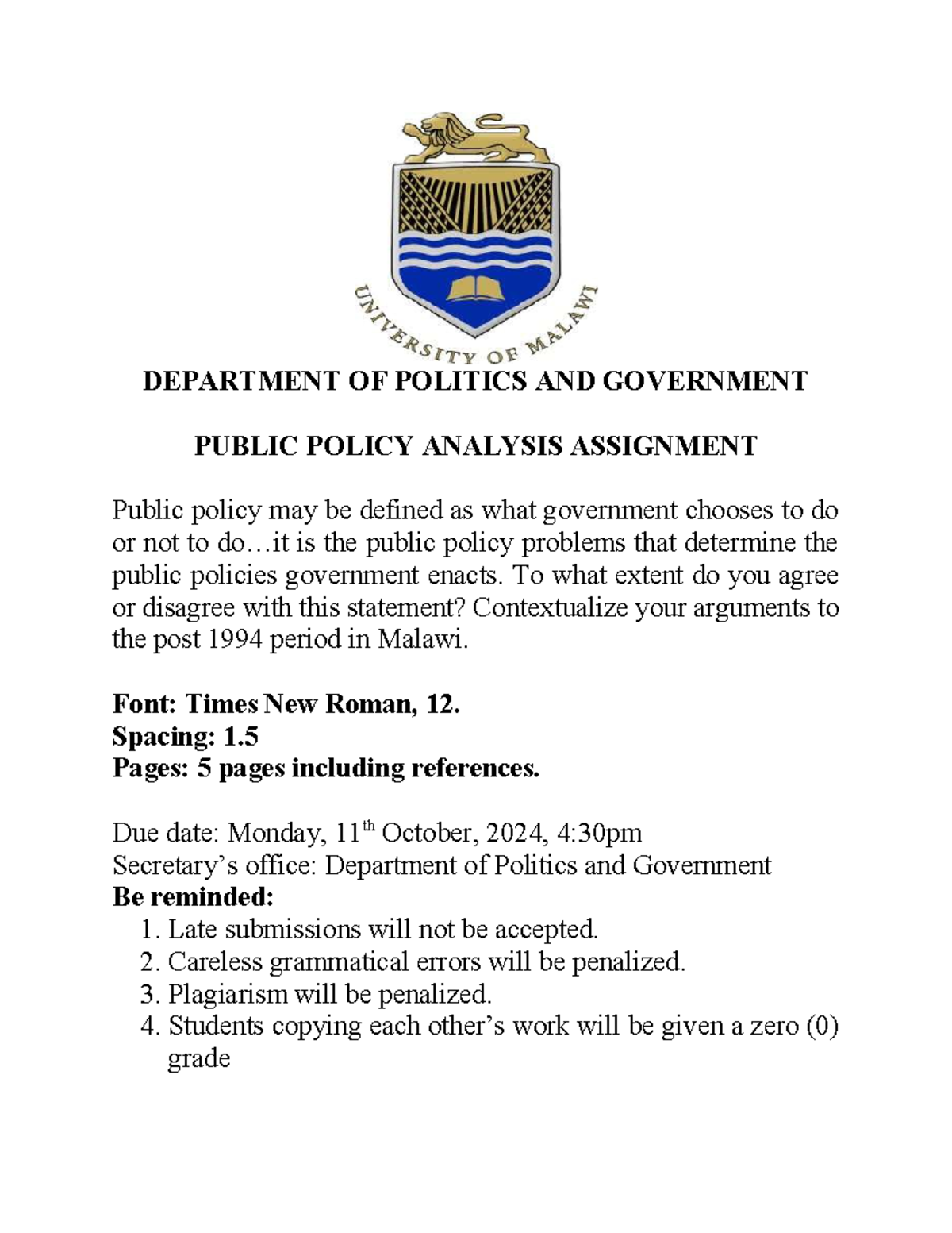 Public Policy Analysis assignment 28092024 - DEPARTMENT OF POLITICS AND ...