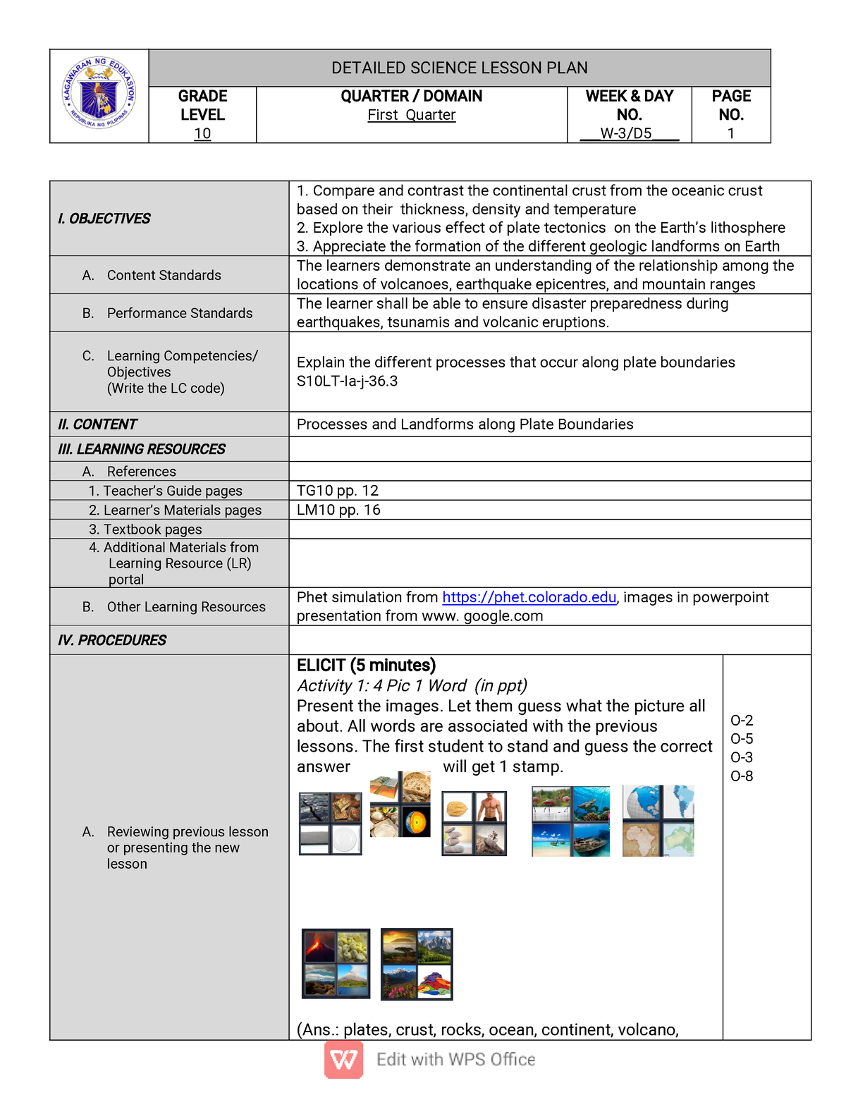 Lesson plan 7ES science - GRADE LEVEL 10 QUARTER / DOMAIN First Quarter ...