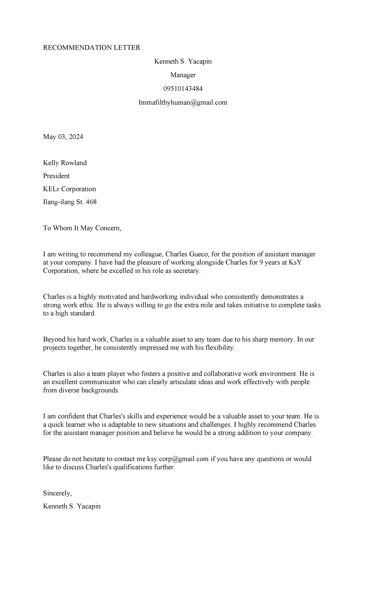 Recommendation Letter - RECOMMENDATION LETTER Kenneth S. Yacapin ...