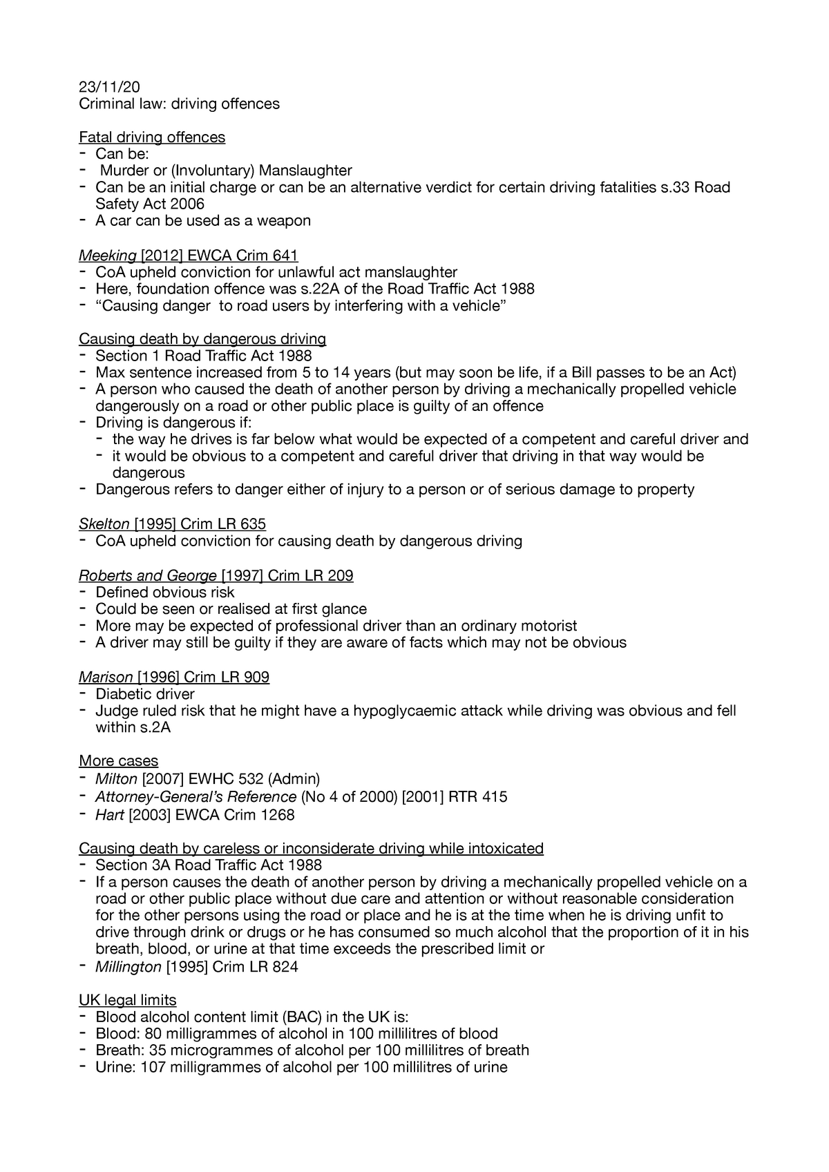 Lecture 15 Driving Offences - 23 11  Criminal Law: Driving Offences 