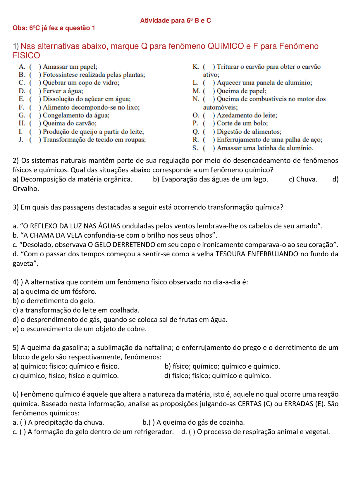 Atividade Para 6º B E C - Material Complementar De Ciências - Atividade ...